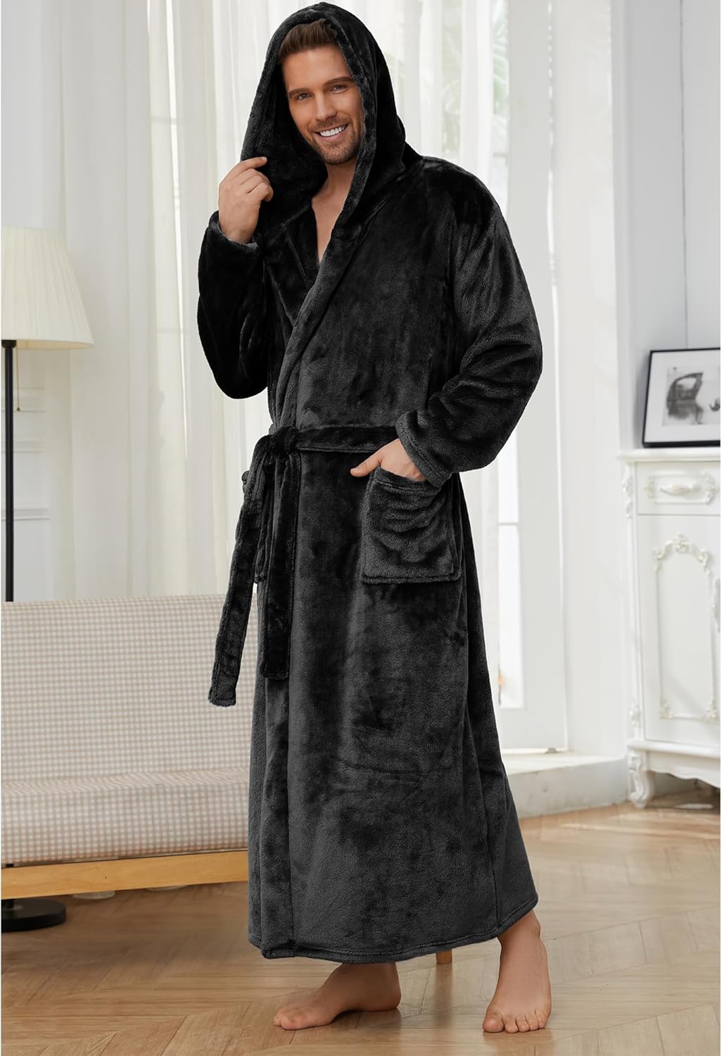 U2SKIIN Mens Robe with Hooded, Full Length Thickened Plush Robe Big and Tall Bathrobe