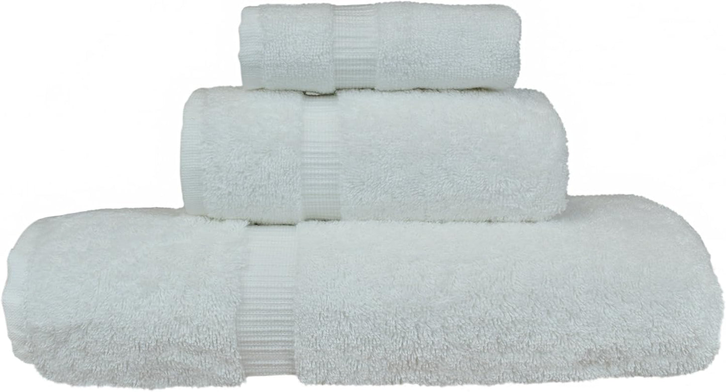 Luxury Hotel & Spa Quality Collection, Quick Dry 100% Turkish Cotton, 750+ GSM, Eco Friendly Towel Set, Bathroom and Kitchen Dobby Border Towels, Bath Towel, Hand Towel, Washcloths (3 Piece, White)