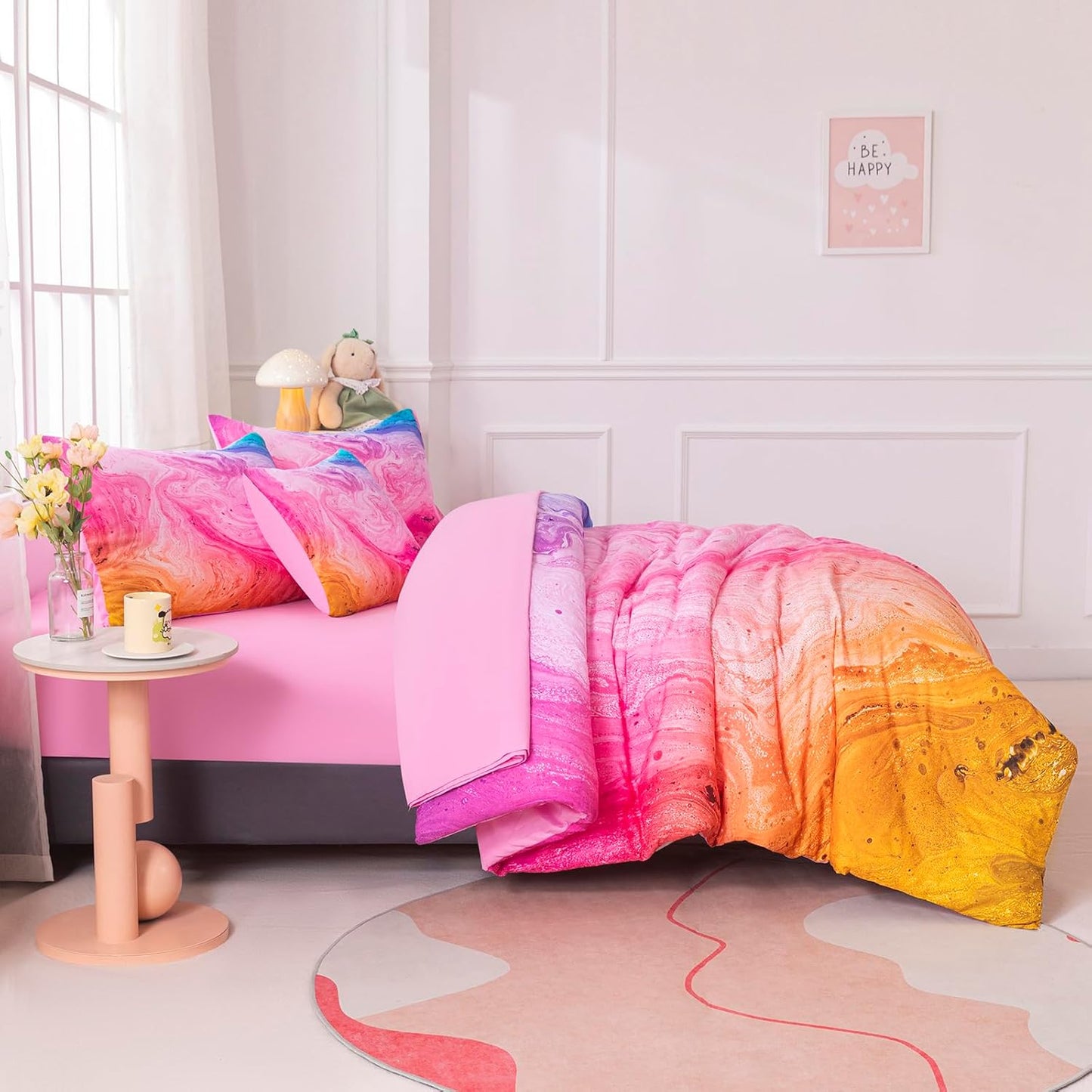 4Pcs Pink King Comforter Set for Girls Kids, Tie Dye Colorful Watercolor Marble Bedding Set King(1 Comforter, 1 Flat Sheet, 2 Pillowcases)