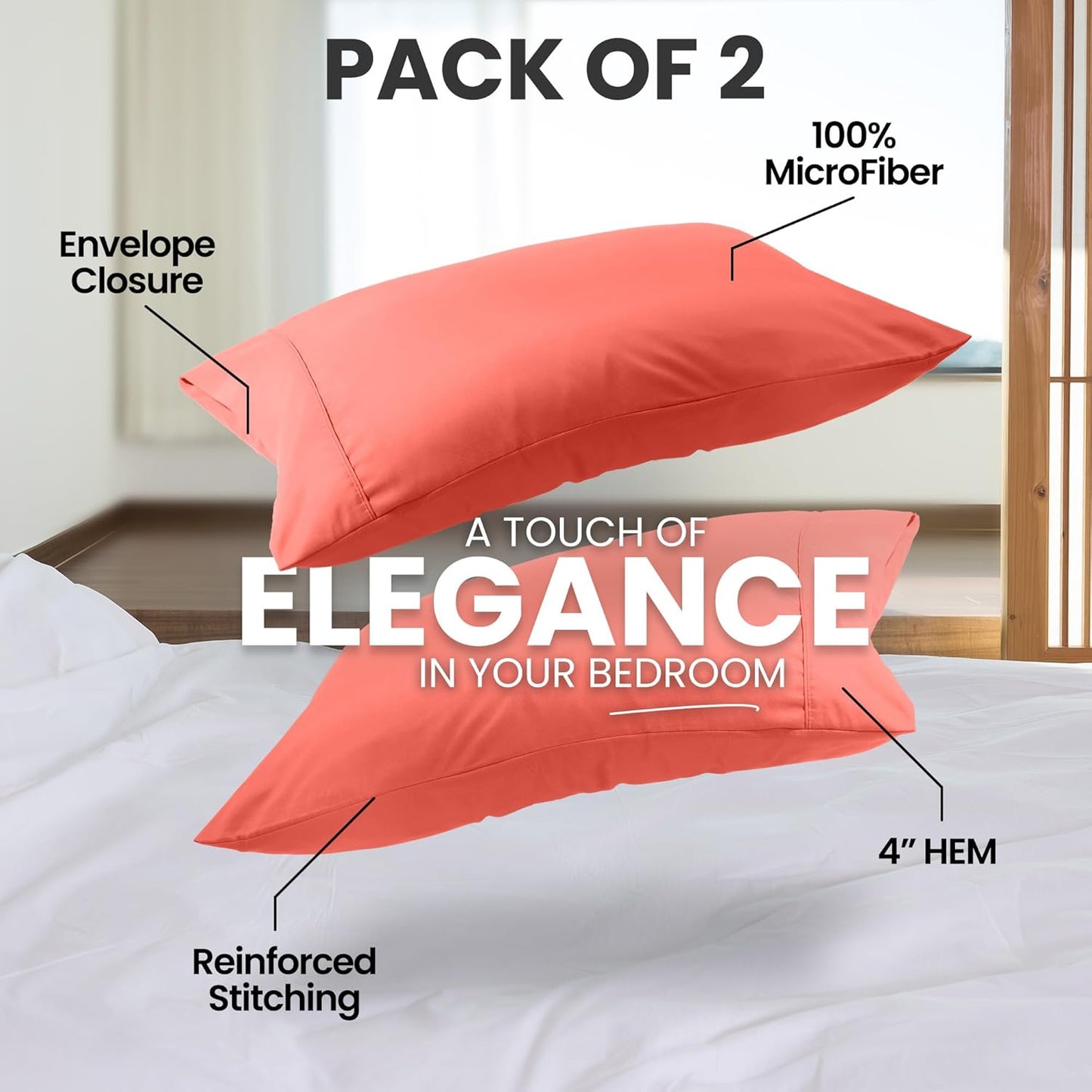 Pillow Covers by Utopia Bedding - Queen Size 2-Pack – Soft Brushed Microfiber – Perfect for Hospitals, Hotels, Guest Rooms – Oeko-TEX Certified, 20x30 Inches (Coral)