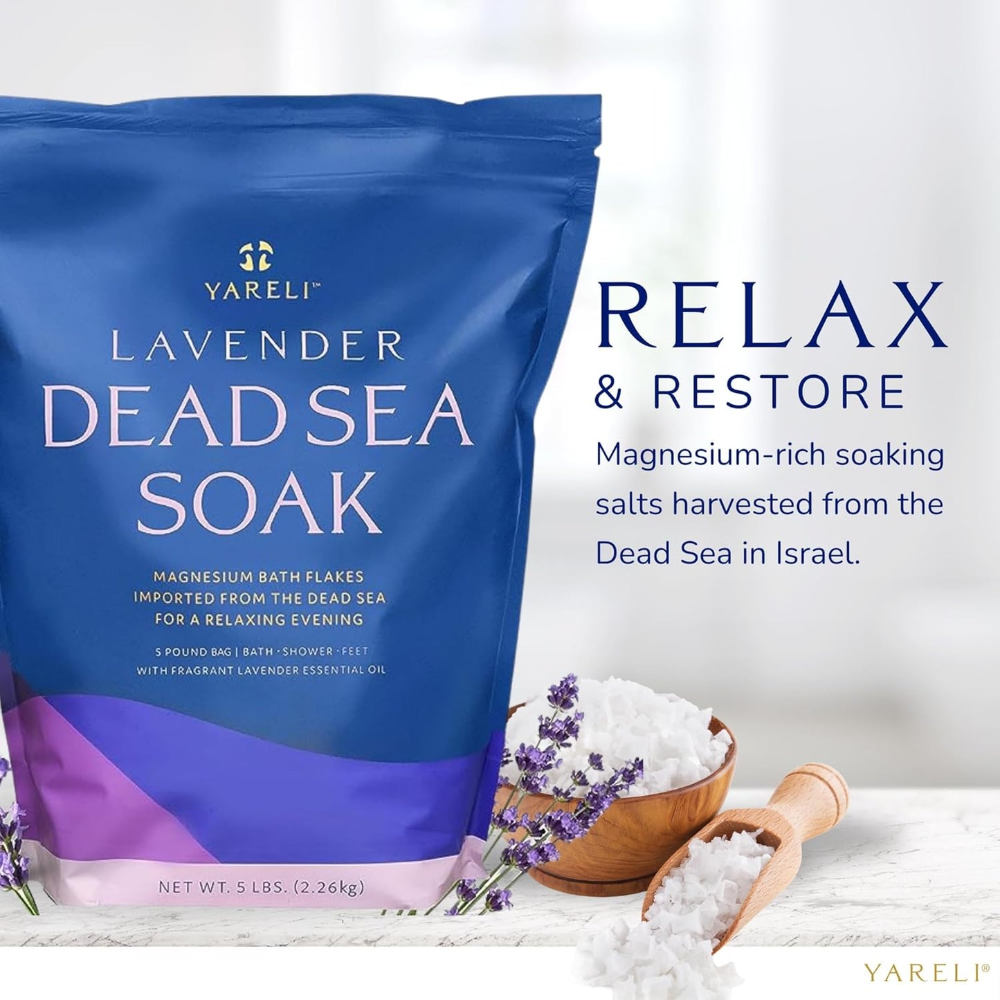 Yareli Magnesium Flakes, 5lb Lavender, Dead Sea Bath and Foot Soak, Alternative to Epsom Salt with Over 250,000mg of Magnesium Chloride Per Bag