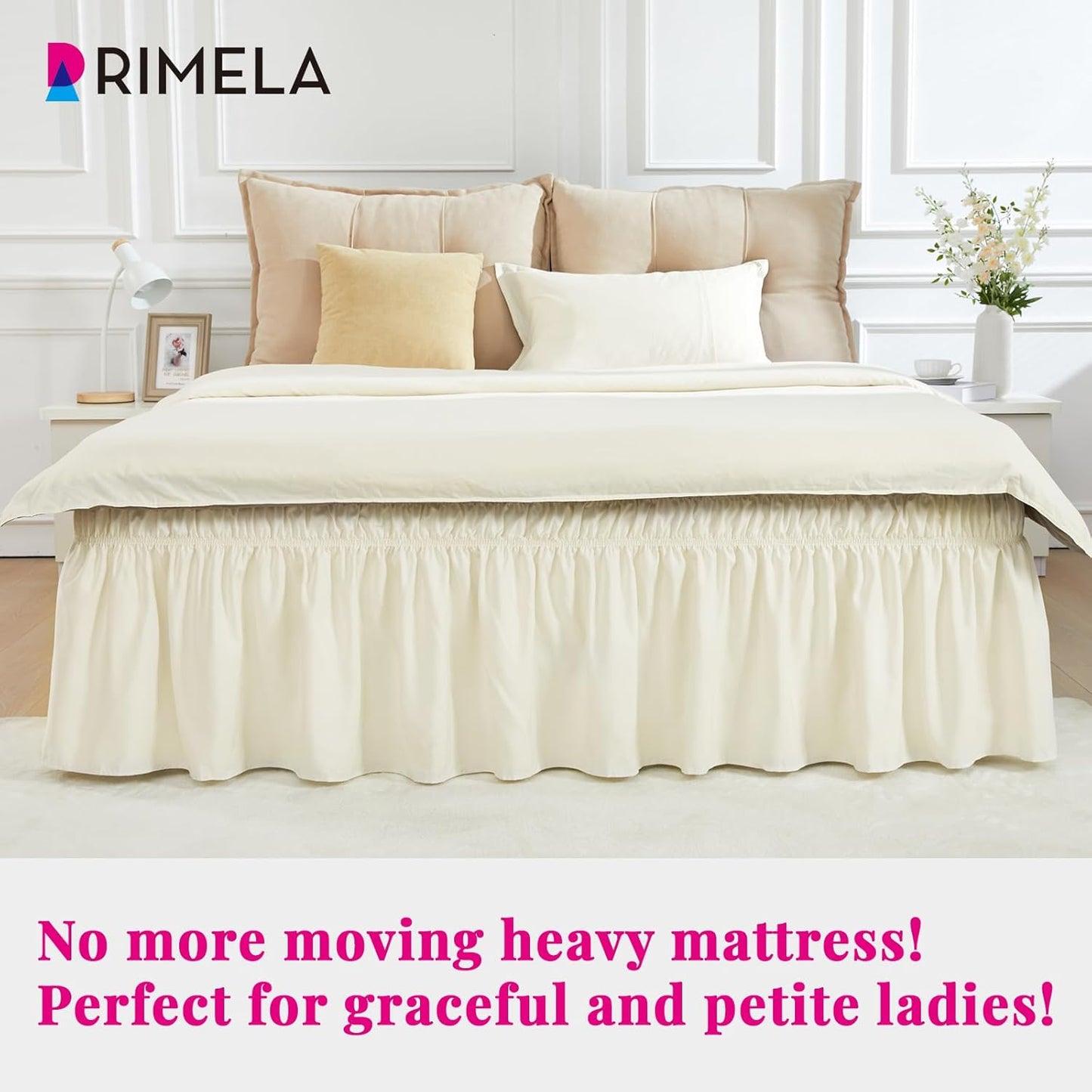 RIMELA Off White Bed Skirt Queen Size 18 Inch Drop, Elastic Bed Skirting for Bed Base and Frame, Bedding Dust Ruffle Easy to Install, Lightweight Wrap Around Adjustable Bedskirt