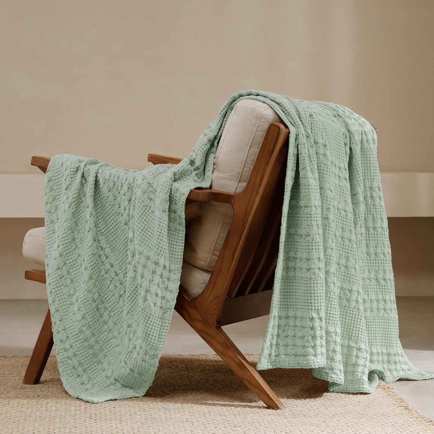PHF 100% Cotton Waffle Weave Throw Blanket, Soft Lightweight Breathable Cozy Throws for Couch Bed Sofa, Luxury Aesthetic Woven Blanket for Home Decor & Office, 50"x60", Mint Green