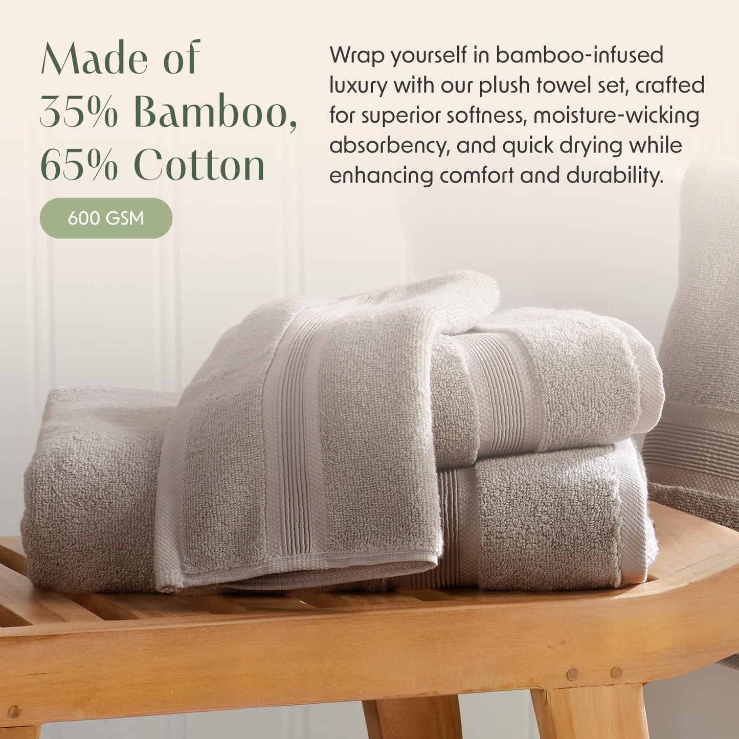 Springtree Home Luxury Bamboo Rayon Bath Towel Set of 4 | 35% Bamboo Rayon - 65% Cotton | Absorbent Quick-Dry Towels for Bathroom | Oeko-TEX Standard 100 Cotton | Cobblestone