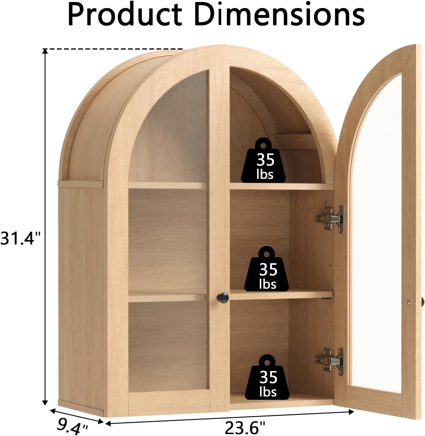 Bathroom Arched Wall Cabinet Over The Toilet Storage Cabinet, 23.5×31.4 Inch bathroom cabinet wall mount with Glass Doors & Adjustable Shelves, Wood Cabinet for Laundry Room, Bedroom Kitchen，Natural