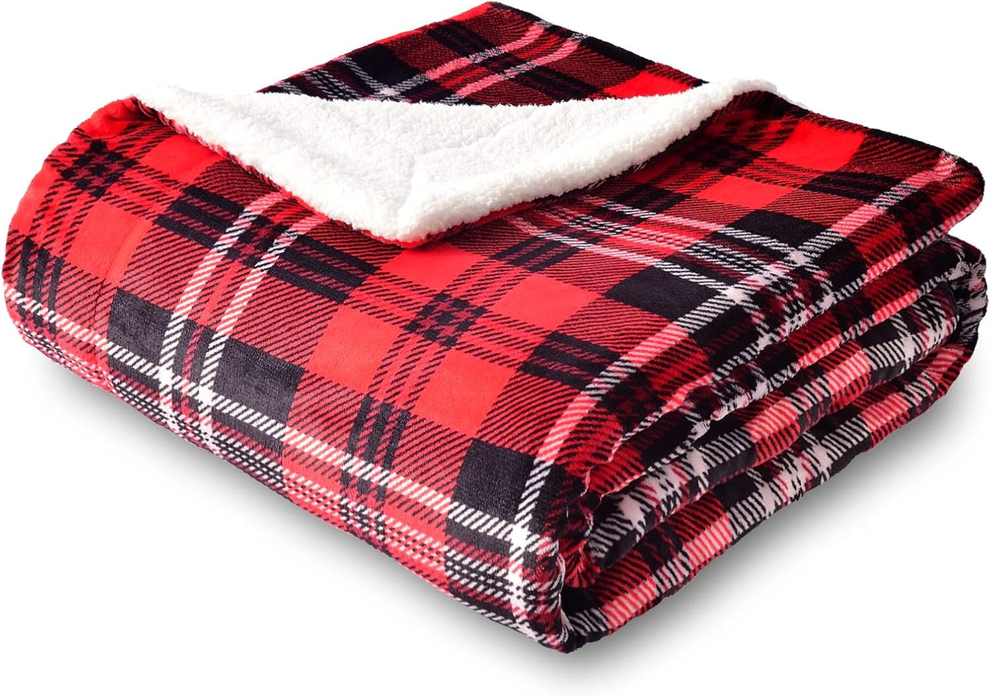 SOCHOW Sherpa Plaid Fleece Throw Blanket, Double-Sided Super Soft Luxurious Bedding Blanket 90 x 90 inches, Red/Grey