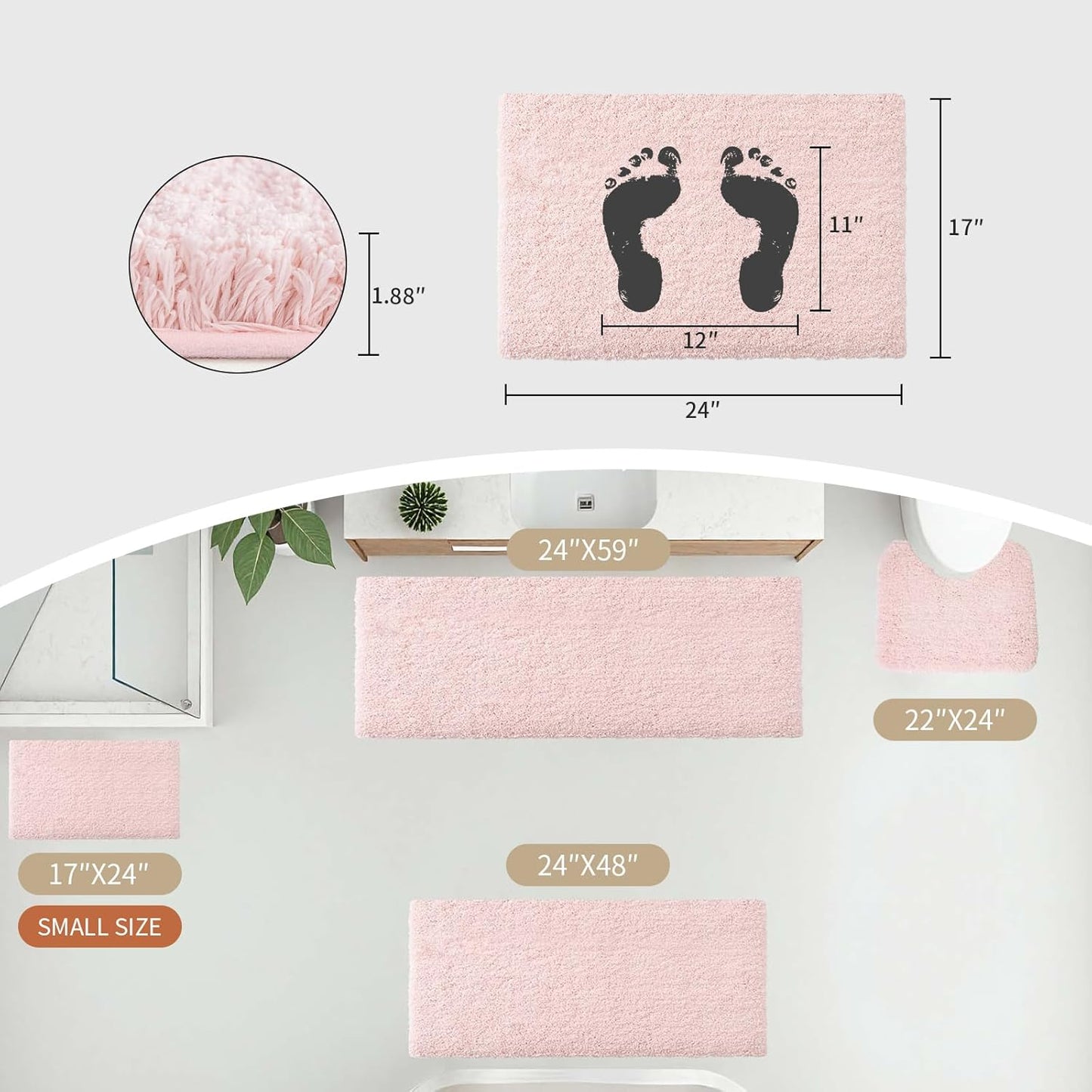 Pink Bathroom Runner Rug 24x59 Non Slip Fluffy Long Bath Mat for Bathroom Floor Washable Plush Luxury Bath Rug for Tub Absorbent Shower Sink Mat Bedside Rug
