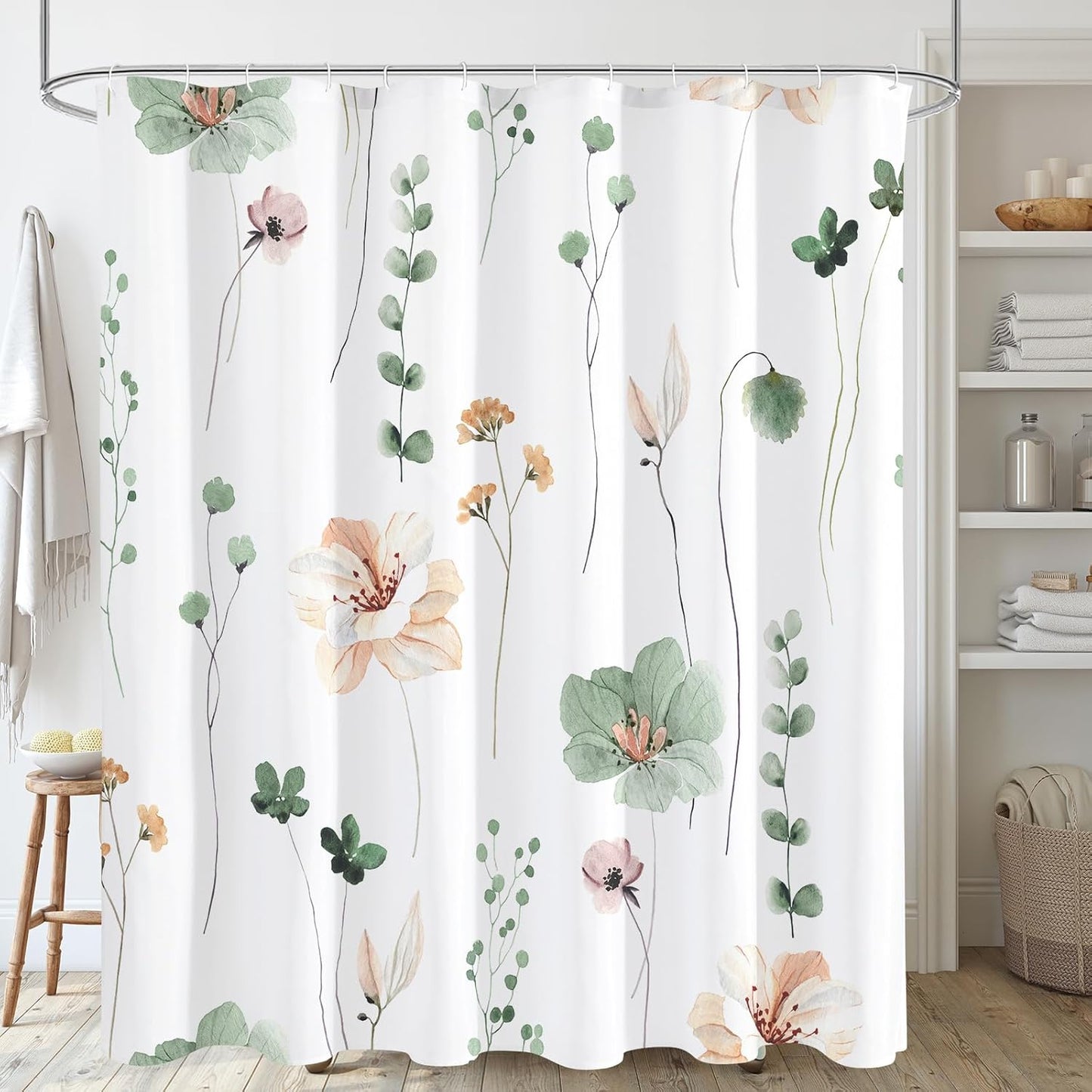 Gibelle Extra Long Shower Curtain 72 x 84, Watercolor Floral Fabric Shower Curtain, Sage Green Beige Flower Decorative Bathroom Shower Curtain Set with Hooks