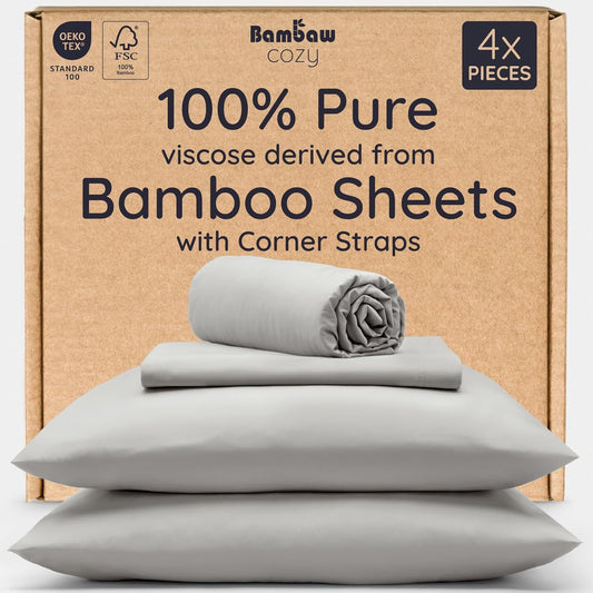 Bambaw 100% Viscose Derived from Bamboo Bed Sheets Full Size Set – 4pcs Breathable & Cooling Sheet Set for Hot Sleepers, Super Soft Full Size Sheets, with Elastic Corner Straps (Moonlight Gray)