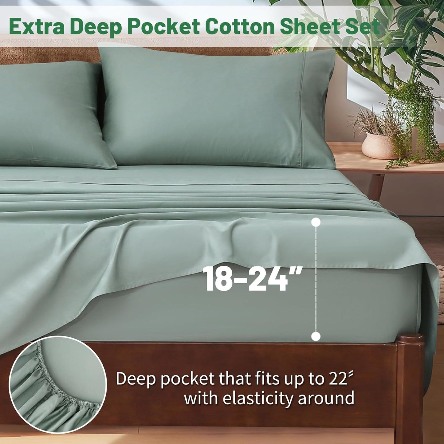 Extra Deep Pocket California King Sheets 18-24 Inch 1000 Thread Count 100% Egyptian Cotton Sateen Weave Soft Breathable 4 Pieces（California King,Sage Green）