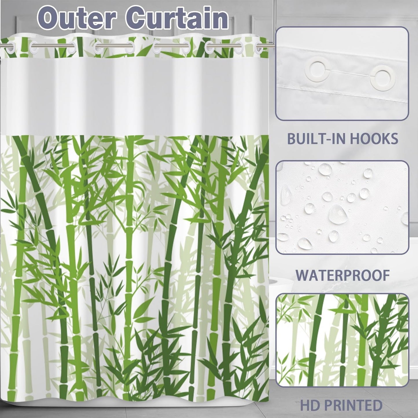 Bamboo Shower Curtain No Hooks with Snap-in Liner,Spring Bamboo Shower Curtains,Watercolor Fabric Green Shower Curtain Set,with See Through Top Window for Bathroom Decor,71 x 74 Inch