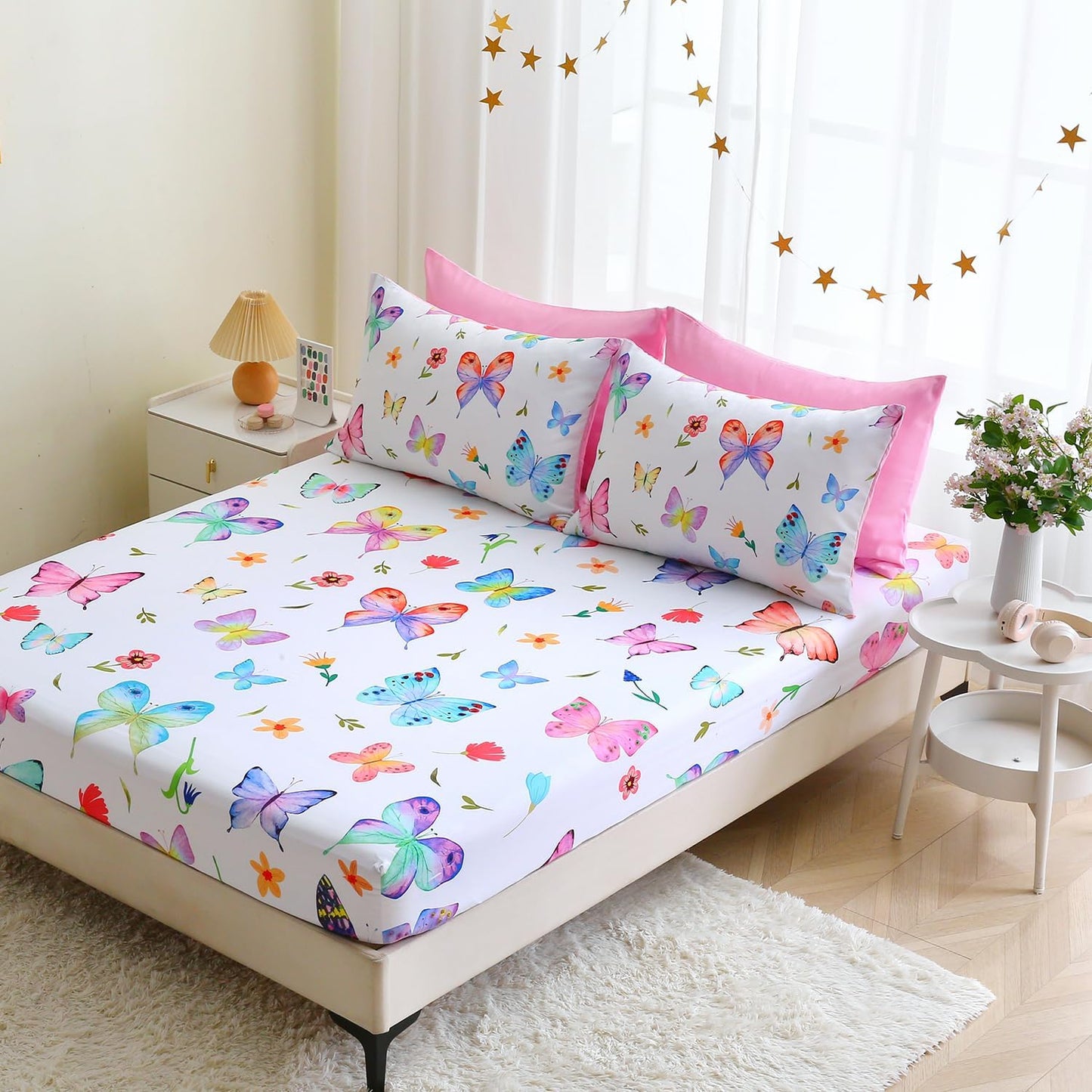 Wajade 7 Piece Butterfly Comforter Set for Girls Kids Cute Colorful Butterfly Flowers Floral Bedding Set Queen Size with Sheet and 2 Pillowcases 2 Pillow Shams Bed in a Bag as Birthday Choice