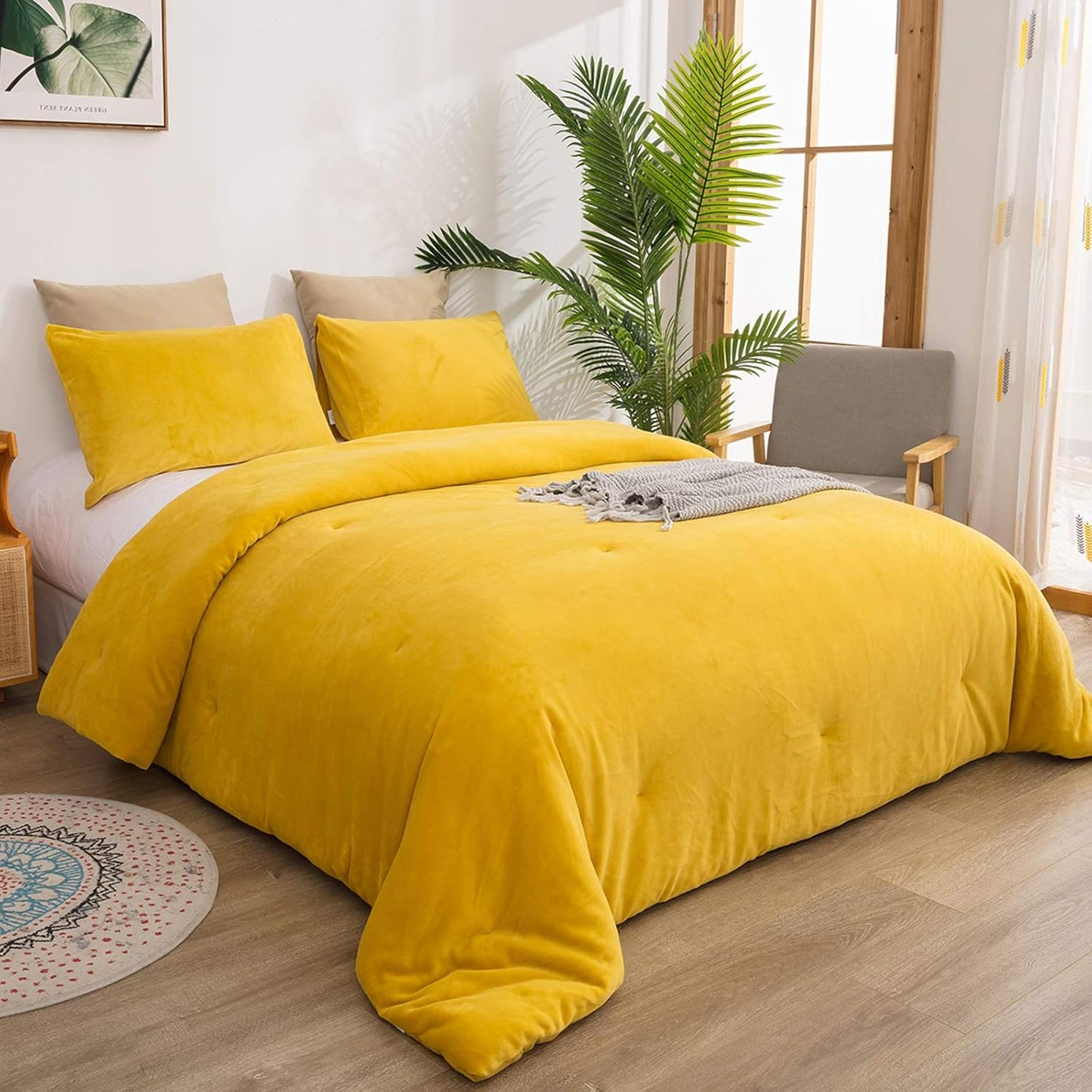 Cottonight Mustard Yellow Velvet Comforter Set Queen Plush Flannel Fluffy Yellow Bedding Comforter Set Micromink Sherpa Warm Heavyweight Winter Comforter for Women Men Adults Teens