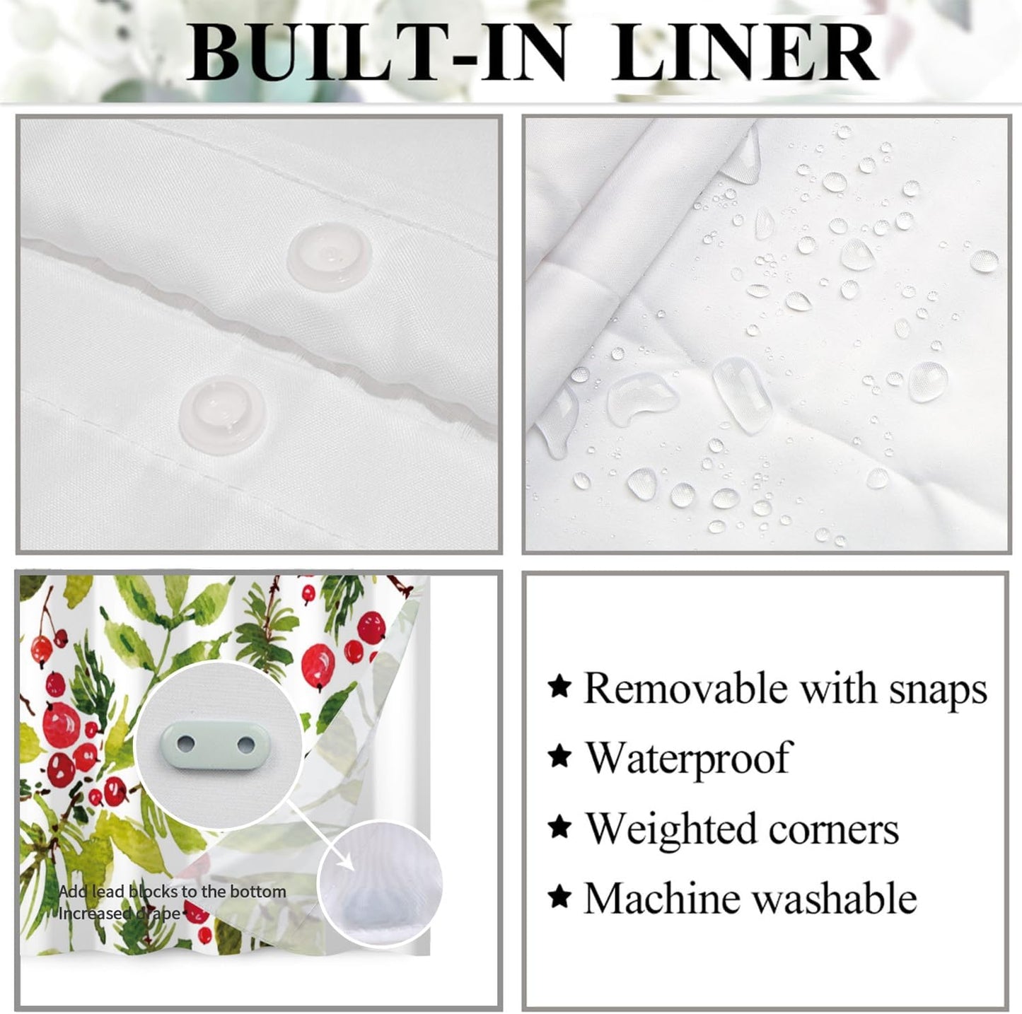 Floral Shower Curtain No Hooks with Snap-in Liner,Botanical Shower Curtains,Watercolor Fabric Holly Berry Shower Curtain Set,with See Through Top Window for Bathroom Decor,71 x 74 Inch