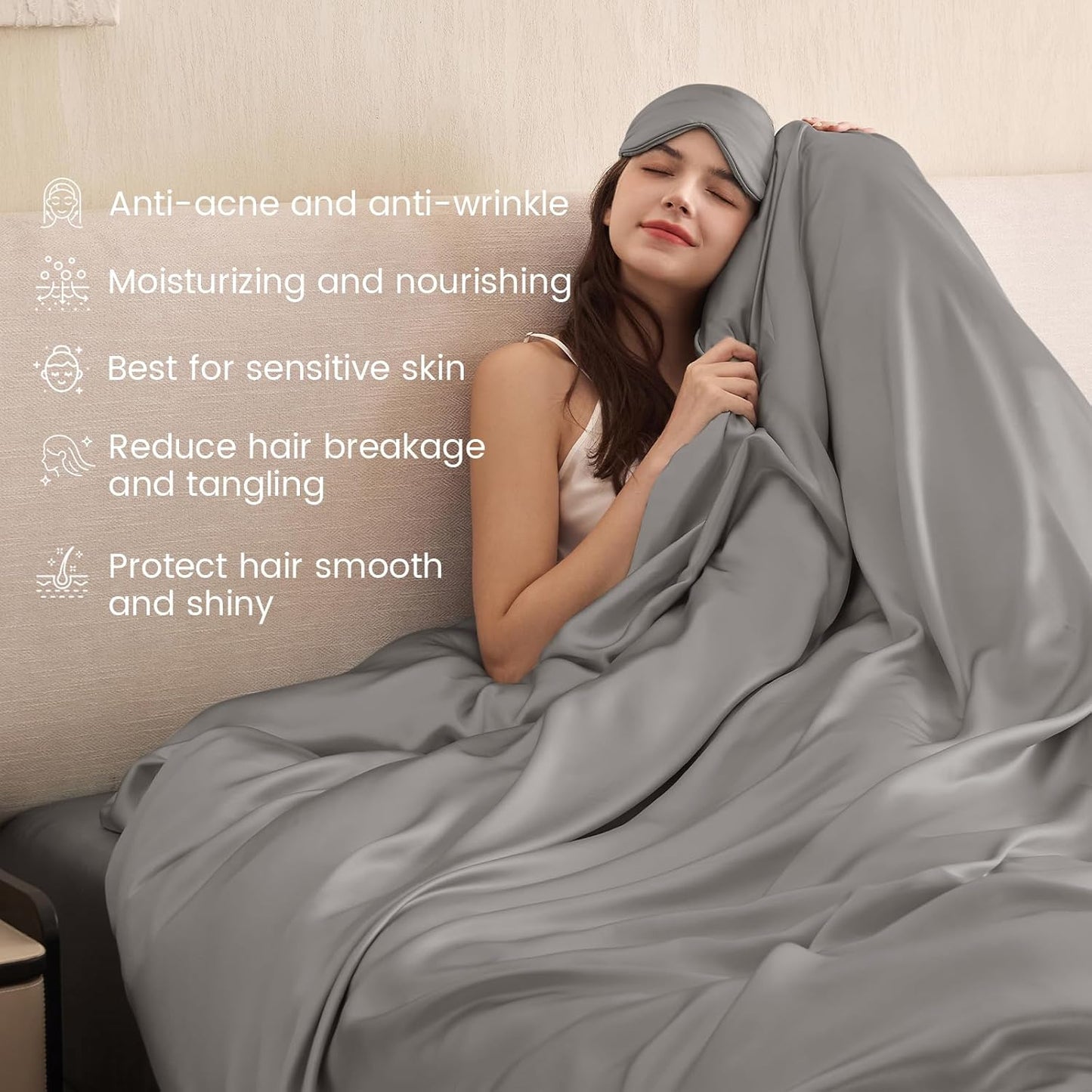 THXSILK 100% Pure Mulberry Silk Duvet Cover Set 3 Piece, 6A+ Grade Luxury Soft Bedding Silk Sheets for Hair and Skin, 1 Pcs Duvet/Quilt/Comforter Cover with 2 Zippered Pillowcases (Grey, Twin)