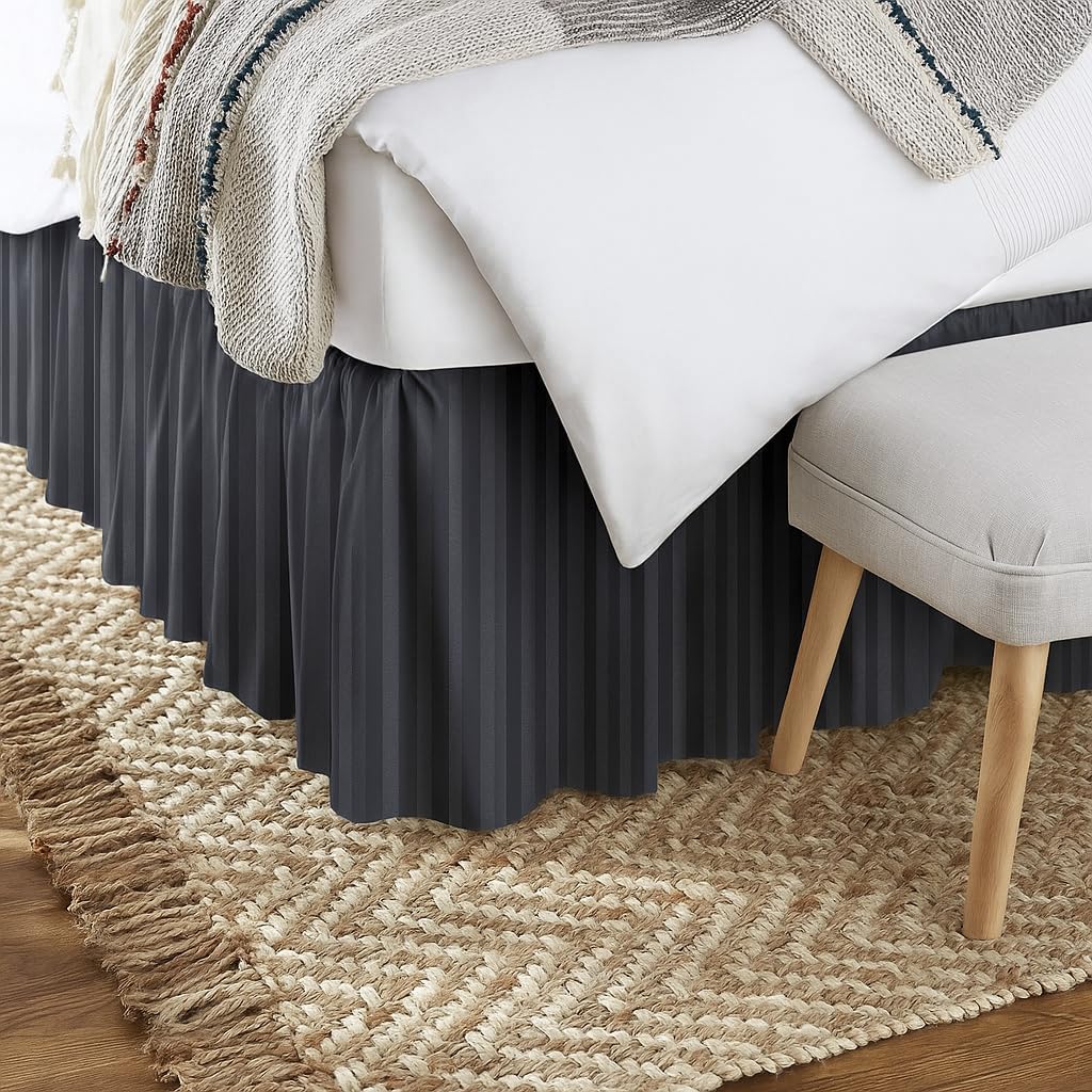 KRISHNA Ruffled Bed Skirt with Split Corners Queen, 100% Microfiber Hotel Quality, 15 Inch Drop Dust Ruffle Gathered Bedskirt with Platform, 60" x 80", Dark Grey Stripe