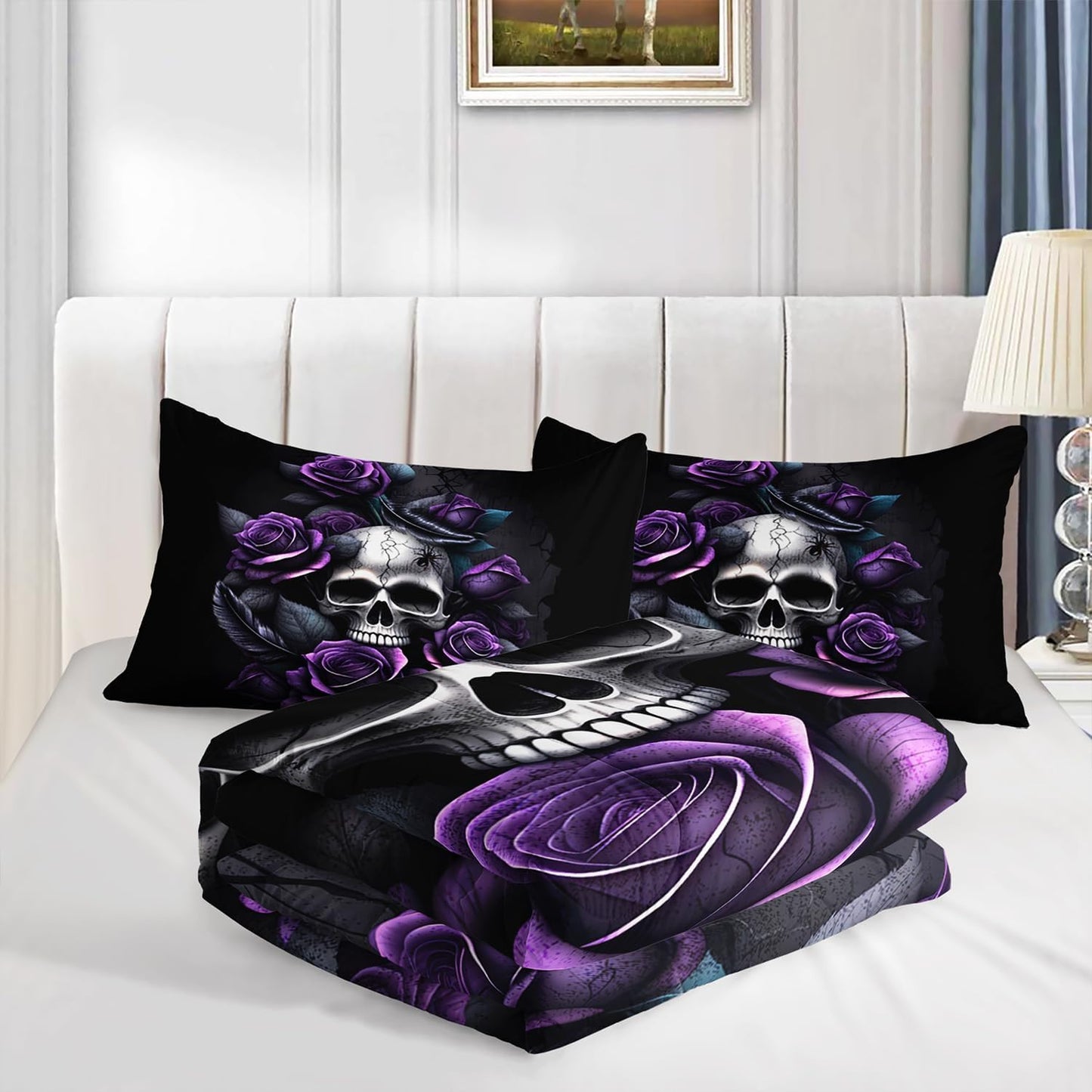 Death Skull Heads Queen Size Comforter Sets,Horror Themed Gothic Bedding for Kids Teens Boys Room Decor,Mysterious Floral Spider Western Comforter Sets with 2 Pillowcases.