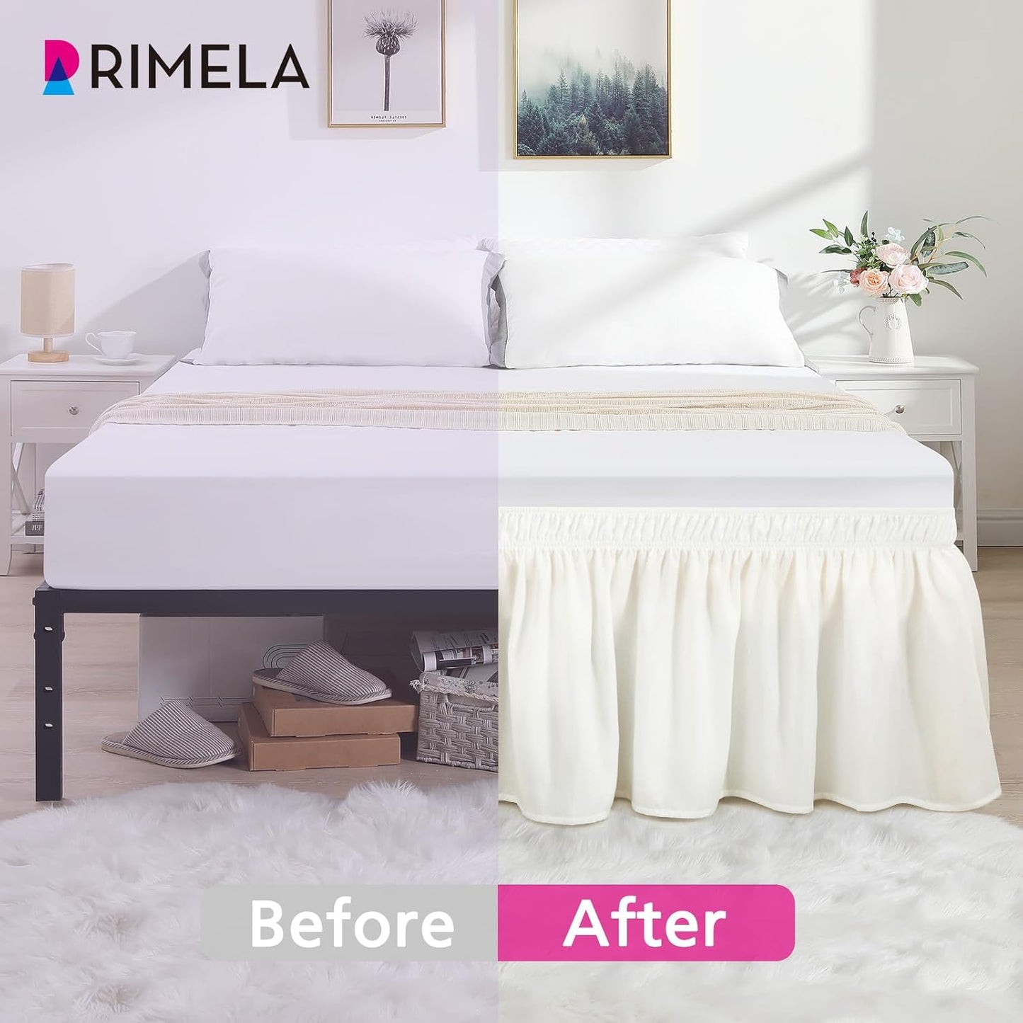 RIMELA White Bed Skirt Queen Size 15" Drop, Elastic Bedskirt for Box Spring & Adjustable Bed, Soft and Solid Fabric, Easy to Install Machine Washable Wrinkle & Fade Resistant, Warm White Dust Ruffle