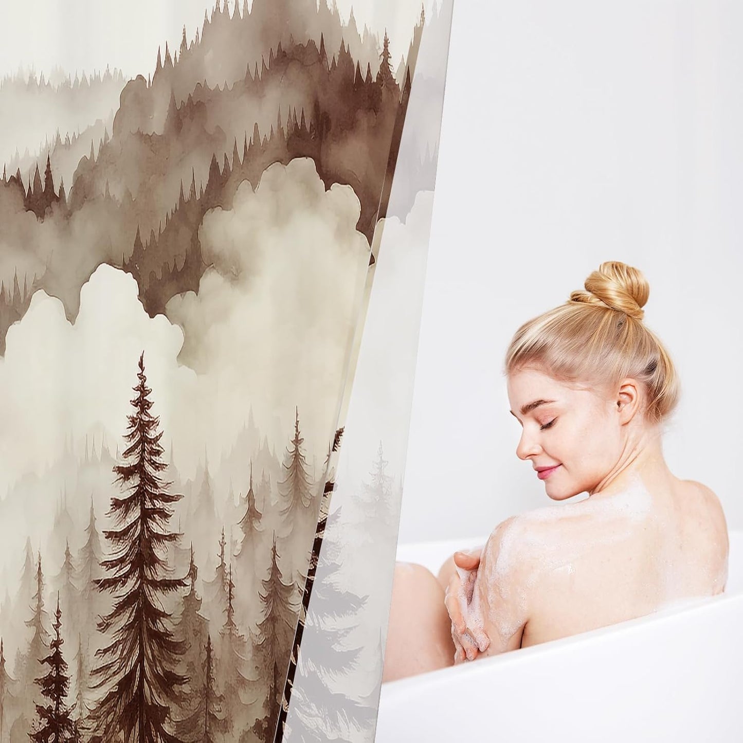 Brown Misty Pine Forest Shower Curtain, Tan Mountain Foggy Woodland Scenery Tree Shower Curtains for Chic Rustic Bathroom, Abstract Modern Waterproof Nature-Themed Decor, 72x72 Inches