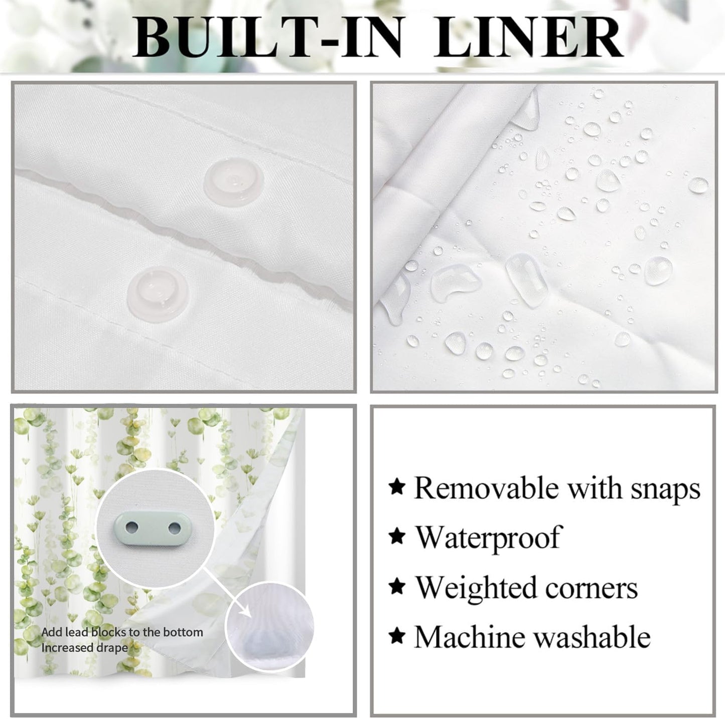 Green Leaves Shower Curtain No Hooks with Snap-in Fabric Liner Set,Spring Plant Vine Shower Curtain for Bathroom,Hotel Decor Waterproof Shower Curtains,with See Through Top Window,71W x 74H