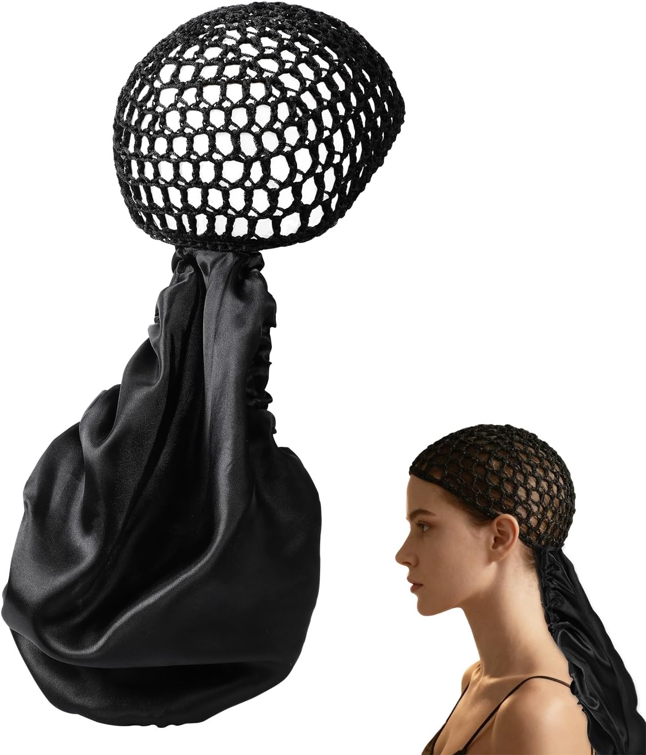 2 In1 Wrap Cap Bonnet Reversible,Adjustable Hair Wrap Cap Nettie Band Net, Double Layered Long Hair Silk Press Set Braid Bonnet for Curly Black