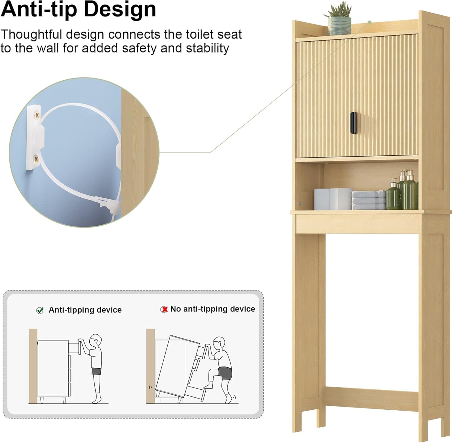 Over The Toilet Storage Cabinet,Behind Toilet Bathroom Organizer with Anti-tip,Space-Saving Toilet Shelf with Storage,Stylish Wave Pattern & Hidden Handle,Bathroom Shelf for Restroom/Laundry