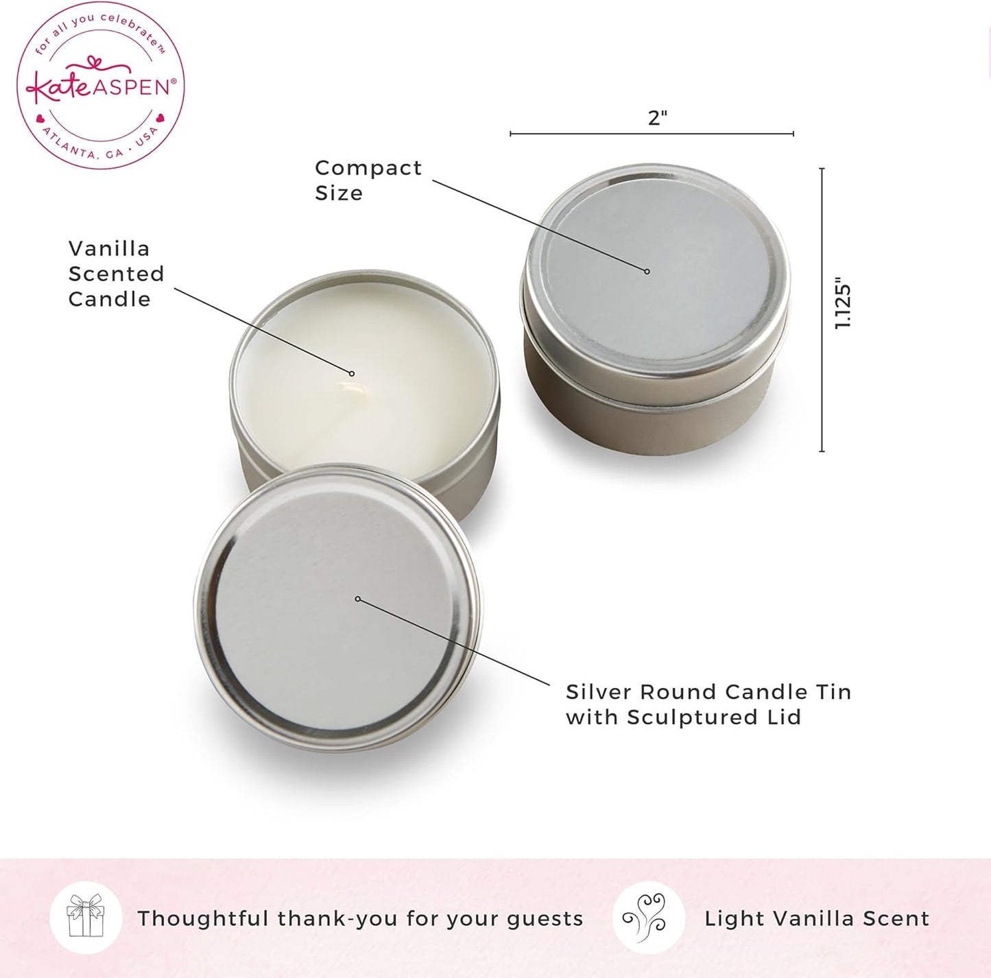 Kate Aspen Travel Size Vanilla Scented Candle Tins With Lids - Mini Candles Bulk - Wedding Favors for Guests, Bridal Shower Gifts, Party Favors Adults, Bridesmaids Gifts