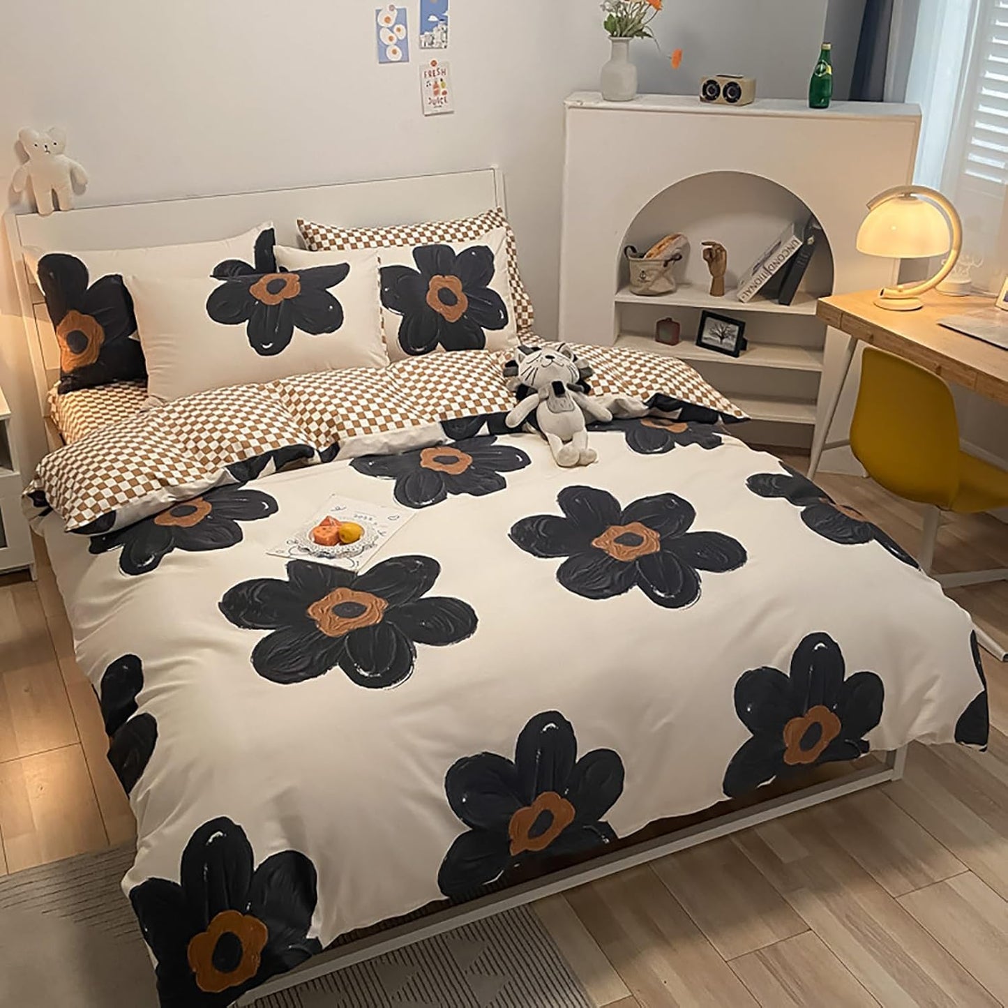 Cottonight Black and White Floral Comforter Twin Big Flower Chic Bedding Boho Modern Elegant Breathable Quilts Blankets Lightweight Comforter Set with 2 Pillowcases