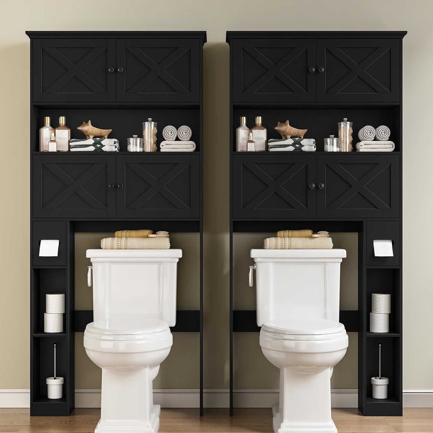 Over The Toilet Storage Cabinet, Farmhouse Storage Cabinet Over Toilet with 4 Barn Doors & Toilet Paper Holder Stand, Black Toilet Shelf Home Space Saver for Restroom, Bathroom, Laundry