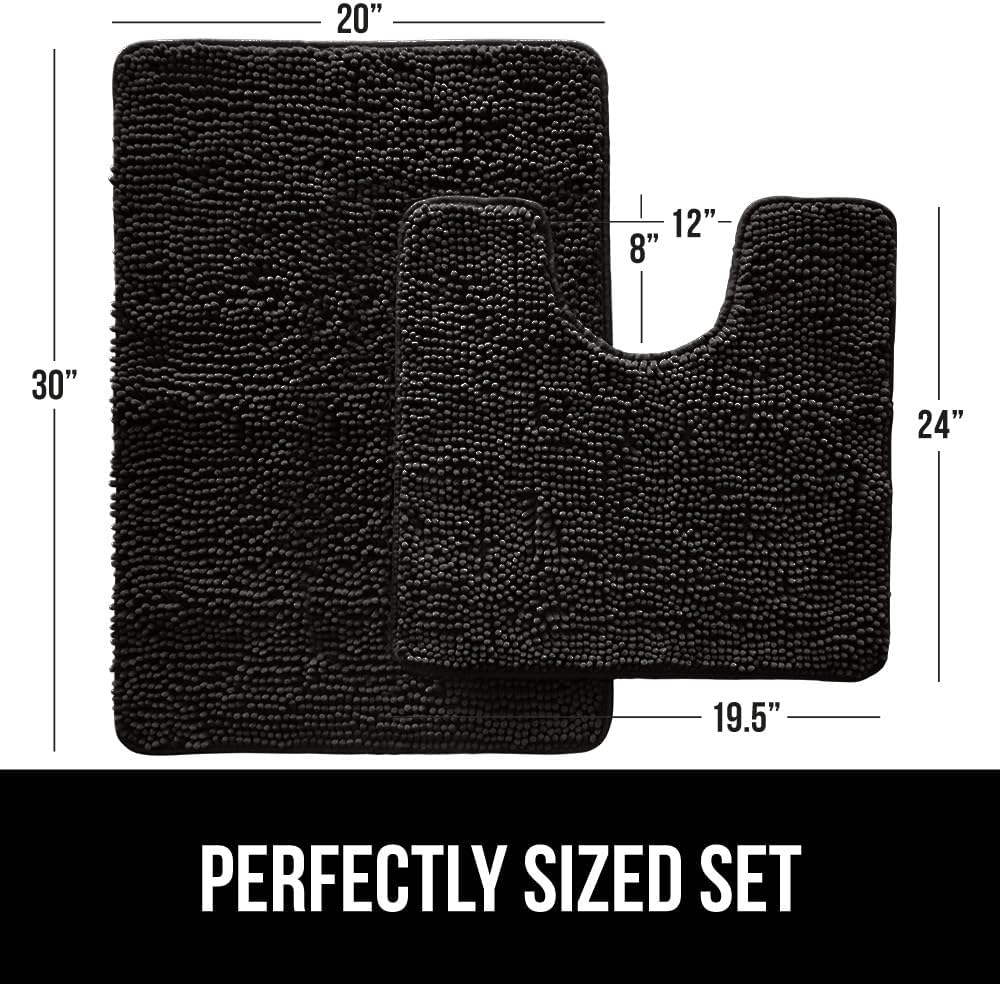 GORILLA GRIP Bathroom Rug Sets, Soft Chenille 2 Piece Area Rugs Set, Toilet Base Mat and 30x20 Carpet, Absorbent Microfiber Washable Mats Dry Quickly, Home Décor and Bath Room Accessories, Black