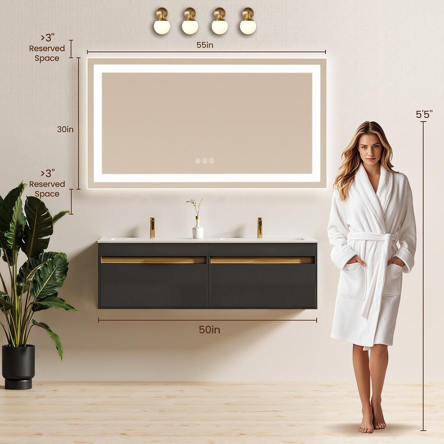 55X30 LED Bathroom Mirror with Lights, Anti-Fog, Backlit + Front Lit, Lighted Bathroom Vanity Mirror for Wall, Memory Function, Dimmable, Tempered Glass, Shatter-Proof, ETL Listed