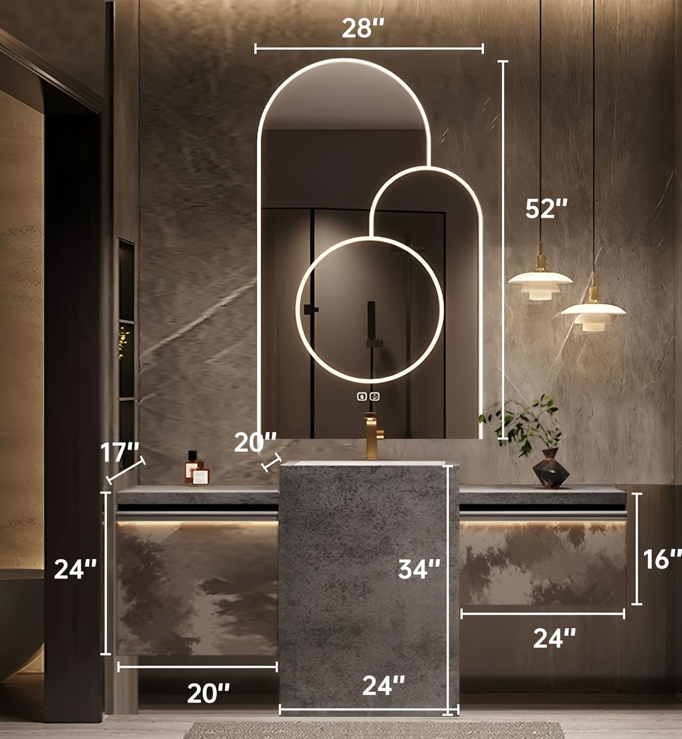 Single Sink Freestanding Bath Vanity, Modern Bath Vanity with LED Smart Mirror, 68IN Solid Wood Floating Bathroom Sink Cabinet with Marble Slate Top and Large Storage Drawer