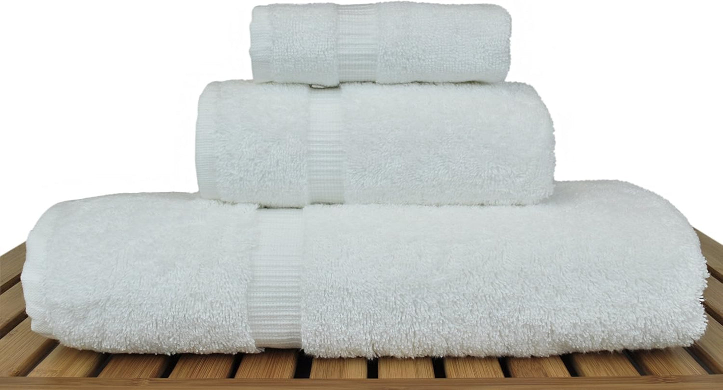 Luxury Hotel & Spa Quality Collection, Quick Dry 100% Turkish Cotton, 750+ GSM, Eco Friendly Towel Set, Bathroom and Kitchen Dobby Border Towels, Bath Towel, Hand Towel, Washcloths (3 Piece, White)