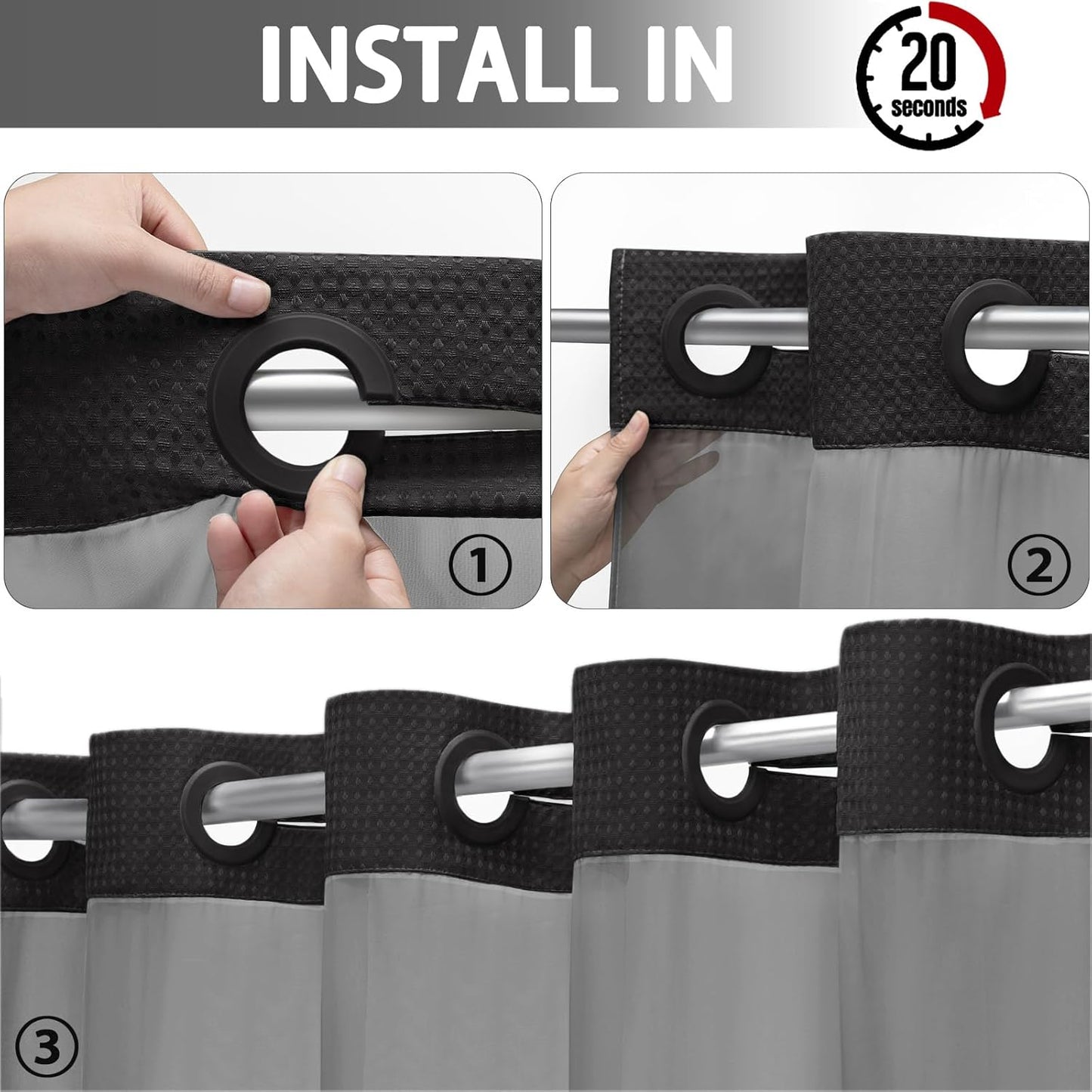 YellyHommy No Hook Shower Curtain with Snap in Liner Set Less Time Black Waffle Shower Curtain for Bathroom 75" L x 78" W