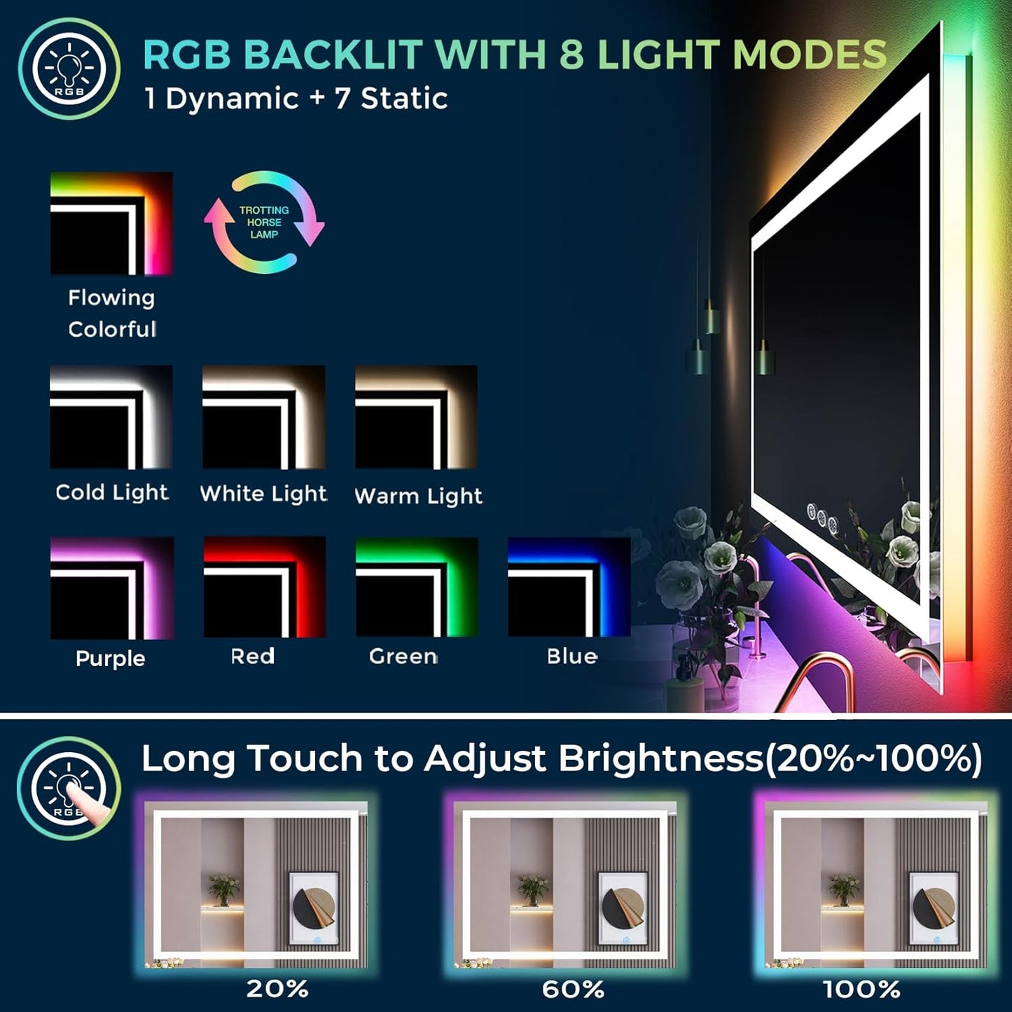 24x36 Inch RGB LED Bathroom Mirror Front Light and RGB Backlit Lighted Vanity Mirror for Bathroom Wall Mounted Dimmable Anti Fog Memory Shatter-Proof IP54 Waterproof Horizontal/Vertical