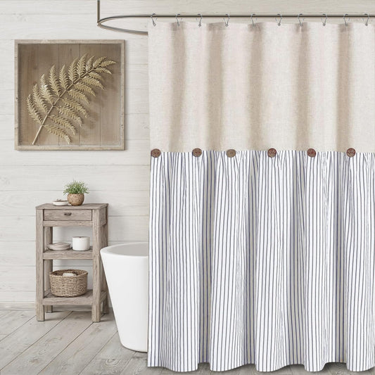 Farmhouse Shower Curtain Linen Button Woven Fabric Country Rustic Western, Pleated Blue Stripe 72" W x 72" L