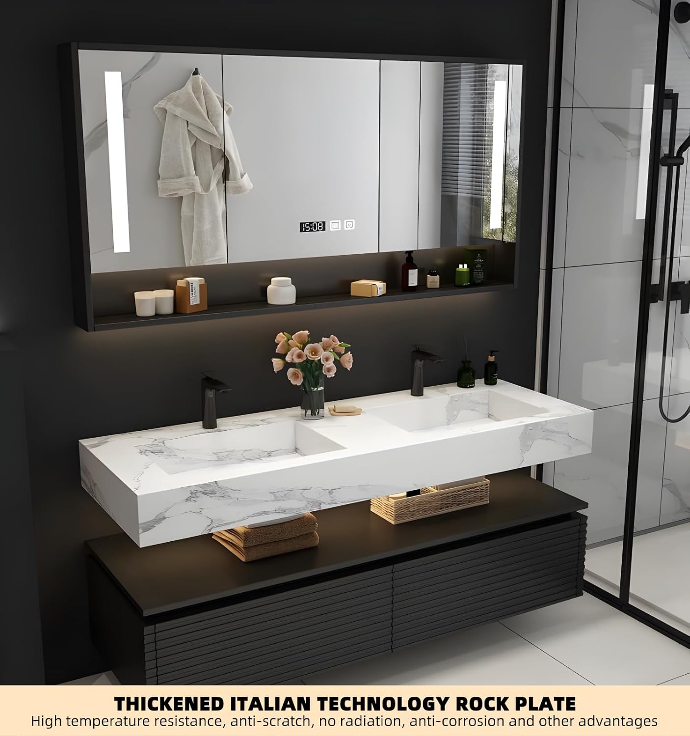 Double Sink Bathroom Vanity, Floating Bathroom Vanity with LED Smart Defogging Mirror and One-Piece Sink, Modern Bathroom Vanities with Open Floating Shelf, Rock Countertop & Faucet (Black,60")
