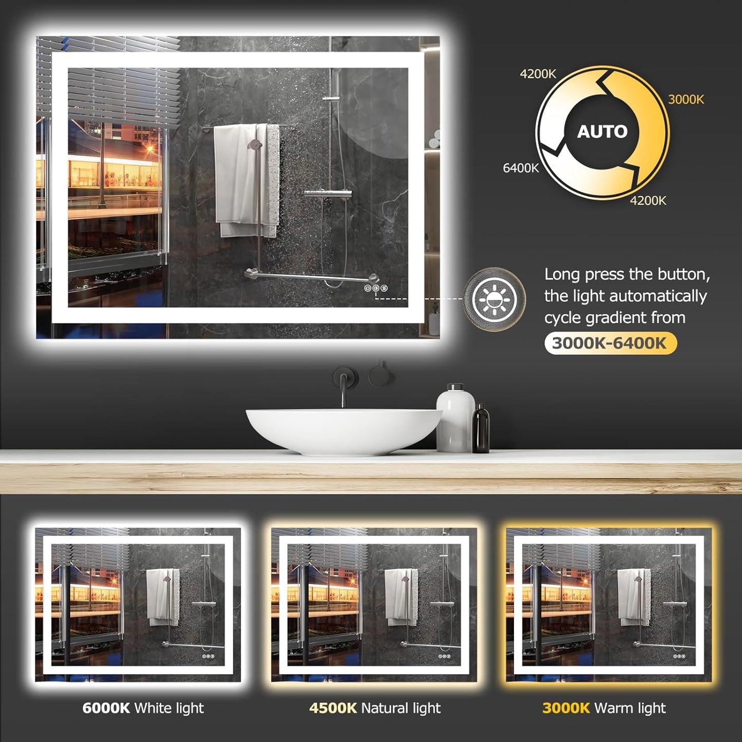 40X30 LED Bathroom Mirror with Lights, Anti-Fog, Dimmable, Backlit + Front Lit, Smart Bathroom Vanity Mirror, Memory Function, Shatterproof, Tempered Glass (Horizontal/Vertical)