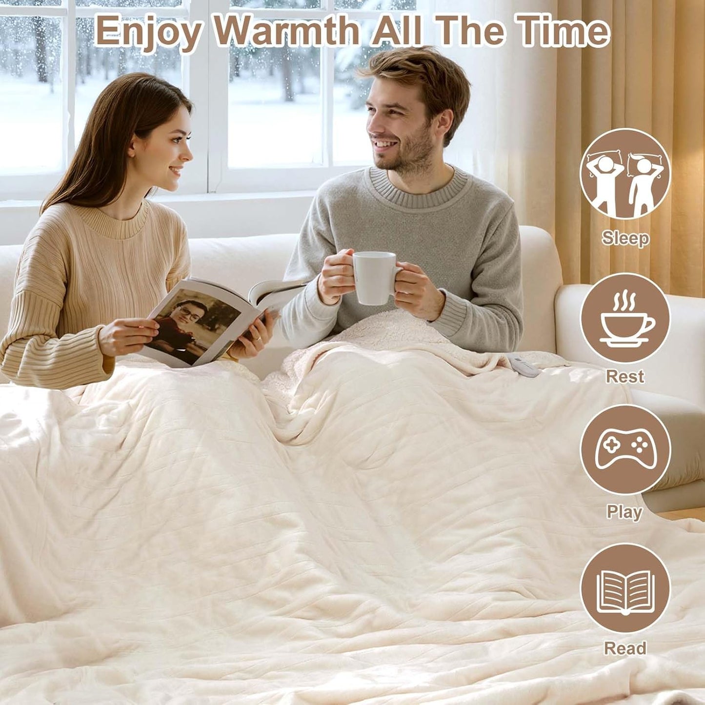 Electric Blanket Queen Size Dual Control - Washable Heated Blanket Queen with 5 Heat Settings, 10 Hrs Auto Off, ETL Certified, Flannel Sherpa Heating Blankets 84" x 90" White