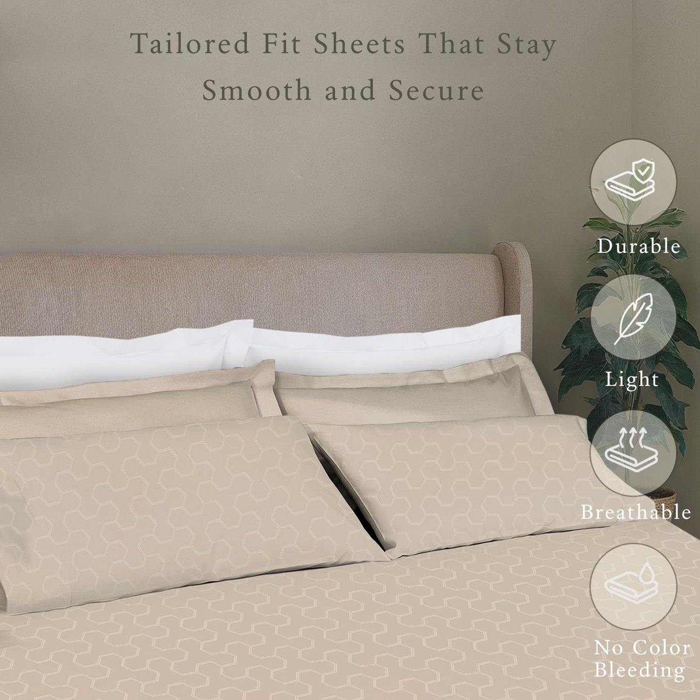 Threadmill 100% Cotton Sheets for King Size Bed | Damask Sateen All-Season 500Thread Count 4 Pc King Bed Sheets Set | Soft, Breathable Hotel Quality | Snug Fit Elastic Deep Pocket King Sheets | Beige