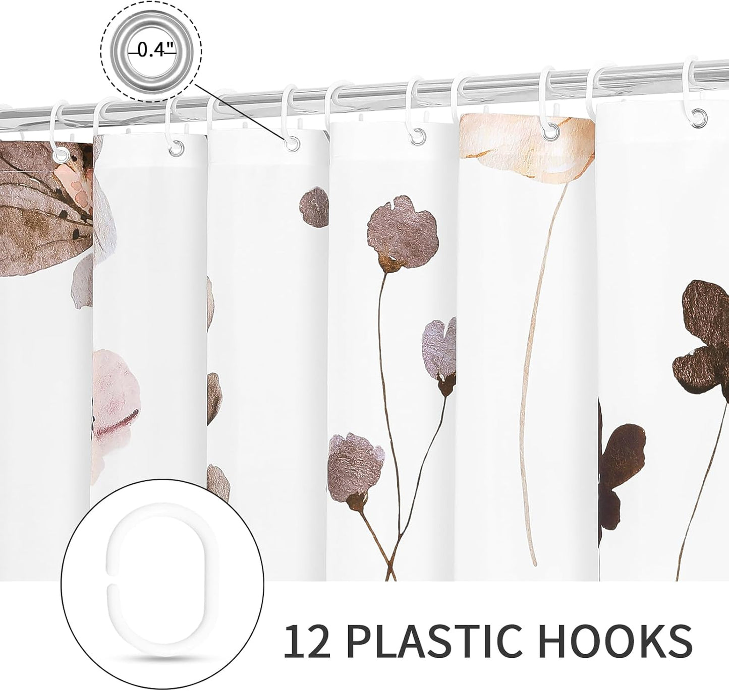 Gibelle Extra Long Shower Curtain 72 x 84, Watercolor Floral Fabric Shower Curtain, Brown Beige Flower Decorative Bathroom Shower Curtain Set with Hooks