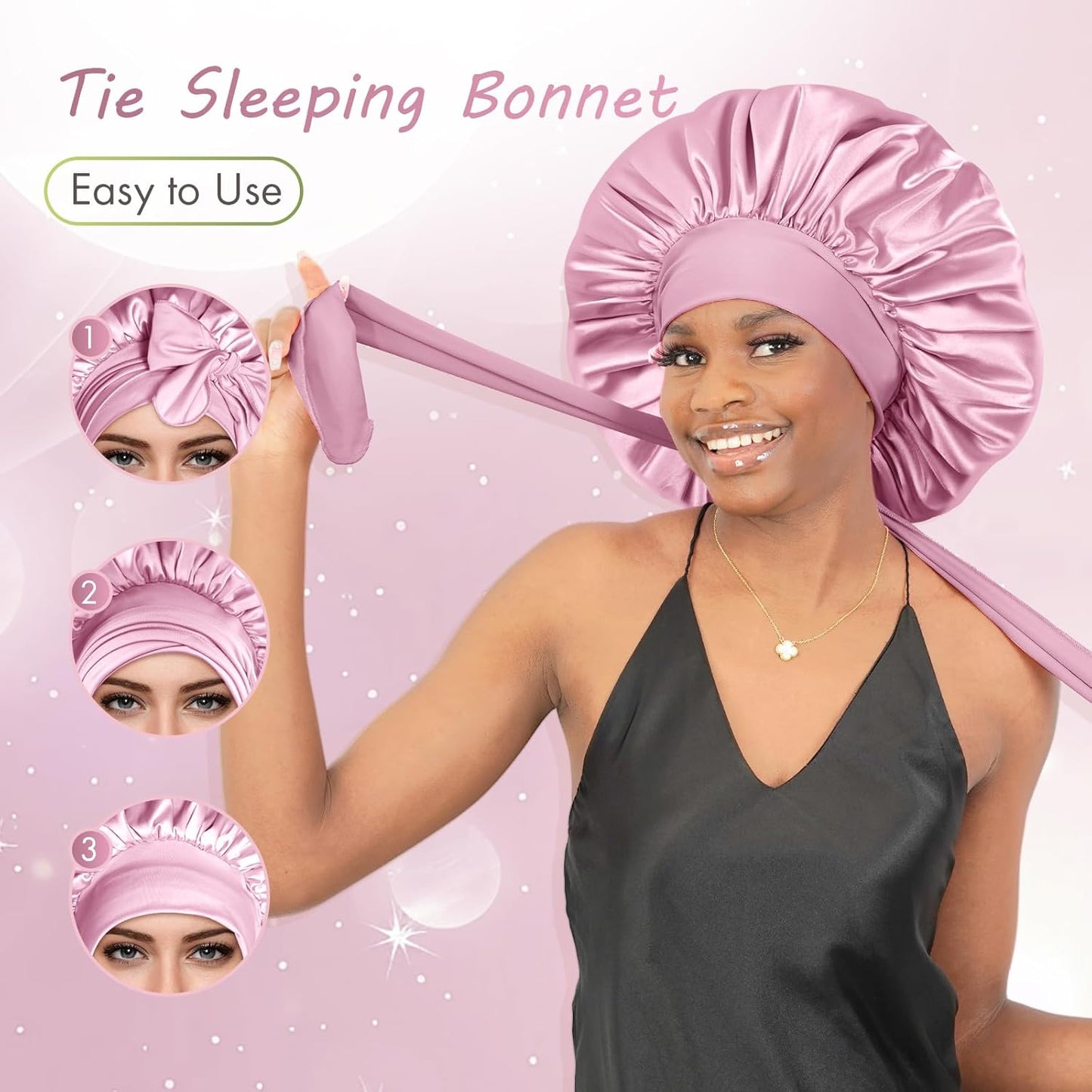 BONNET QUEEN Large Satin Bonnet Silk Bonnet for Sleeping Women Hair Bonnet Big Bonnet Night Sleep Cap Scarf Wrap for Curly Hair with Tie Band Rose Gold