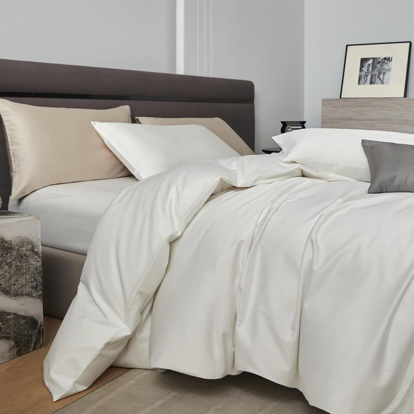 PURE ERA Duvet Cover Set 800 Thread Count Long Staple Cotton Sateen Silky Soft Luxurious Smooth 3 Piece Set Solid White Queen