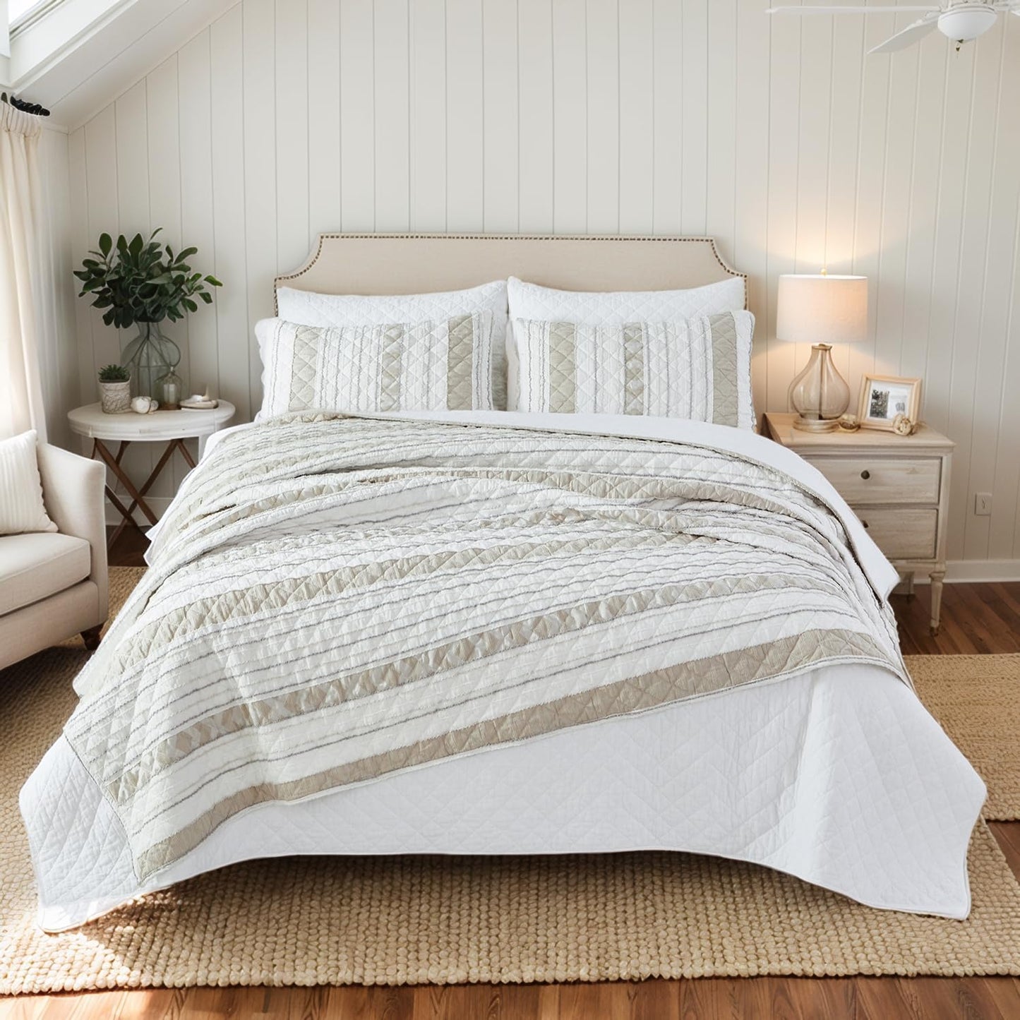 Brandream Queen Size Quilt Set Cotton Blend Patchwork Quilts White Beige Striped Quilts Modern Farmhouse Waffle Quilted Comforter Set 3-Piece