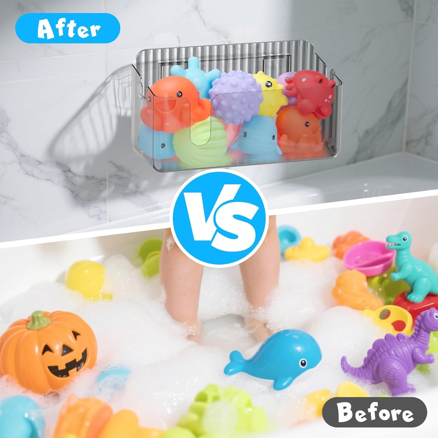 2-Pack Clear Bath Toy Storage Holder Organizer, Large Capacity Durable Plastic Bathtub Shower Caddy with Drain Holes, Quick-Dry Drainable Easy Install(Transparent Gray 2-Pack)