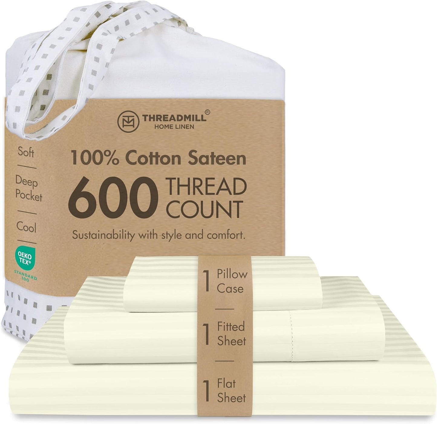 Threadmill 100% Cotton Sheets for Twin Size Bed - 600 Thread Count Twin Bed Sheets Set with 15” Deep Pocket - Damask Stripe Sateen Weave 3-Piece Bedding Set with Cooling Effect, Ivory