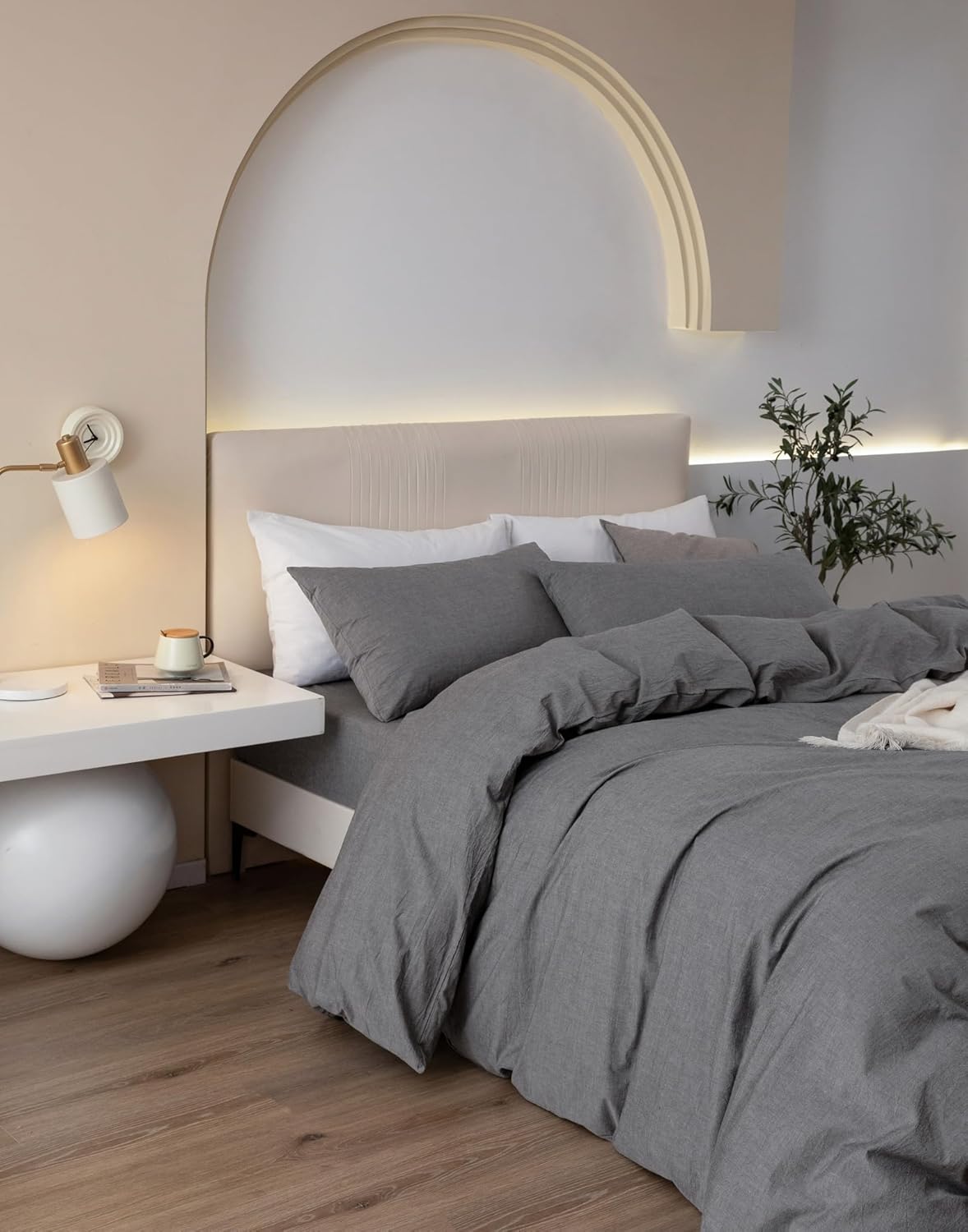 JIYUAN 100% Washed Cotton Duvet Cover Set 3 Pieces King, 1 Duvet Cover 104x90 Inches (Comforter Not Included) and 2 Pillowcases,Linen Feel Bedding Set Comfy and Breathable, Heathered Dark Grey