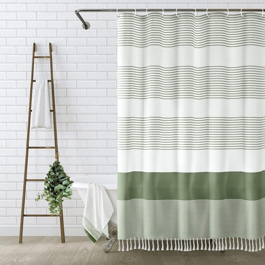 Awellife Sage Green Shower Curtain for Bathroom Stripe Tassel Shower Curtain 72 X 78 Inches Farmhouse Cotton Long