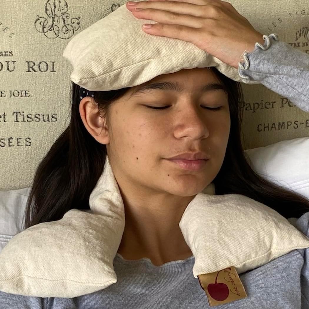 Neck Wrap Natural Denim Cherry Pit-Stone Pillow, Microwavable Hot/Cold Compress, Sustainable Moist Heat Pack, Shoulder Pain Relief, Washable, Spa Gift