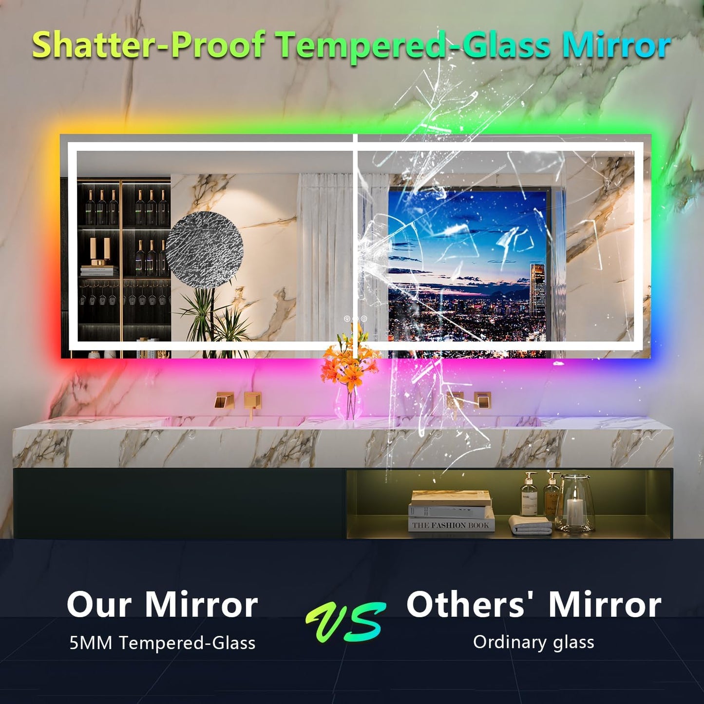 96x36 Inch RGB LED Bathroom Mirror Front Light and RGB Backlit Lighted Vanity Mirror for Bathroom Wall Mounted Dimmable Anti Fog Memory Shatter-Proof IP54 Waterproof Horizontal/Vertical